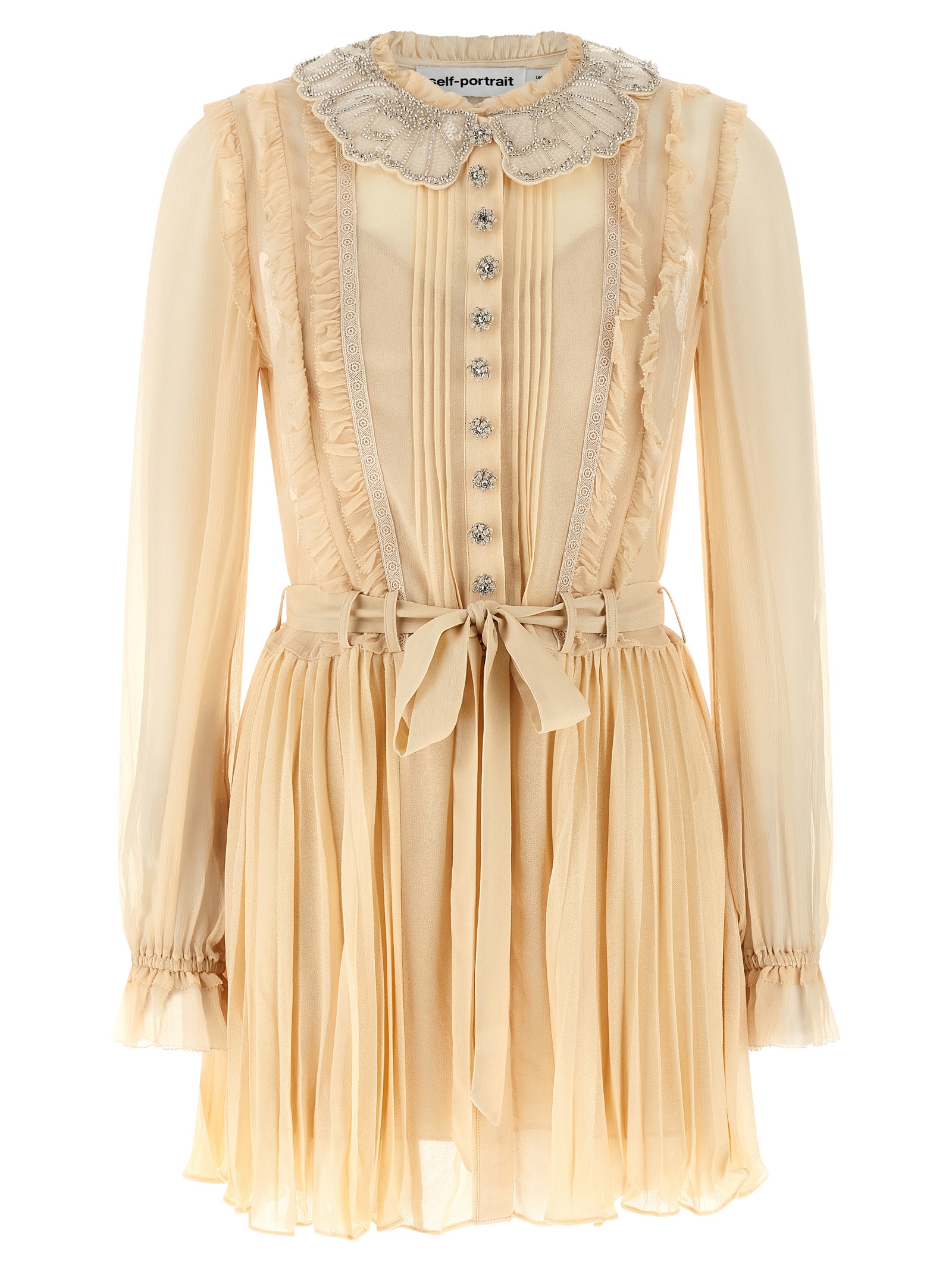 Self Portrait Tan Pleated Georgette Mini Dress