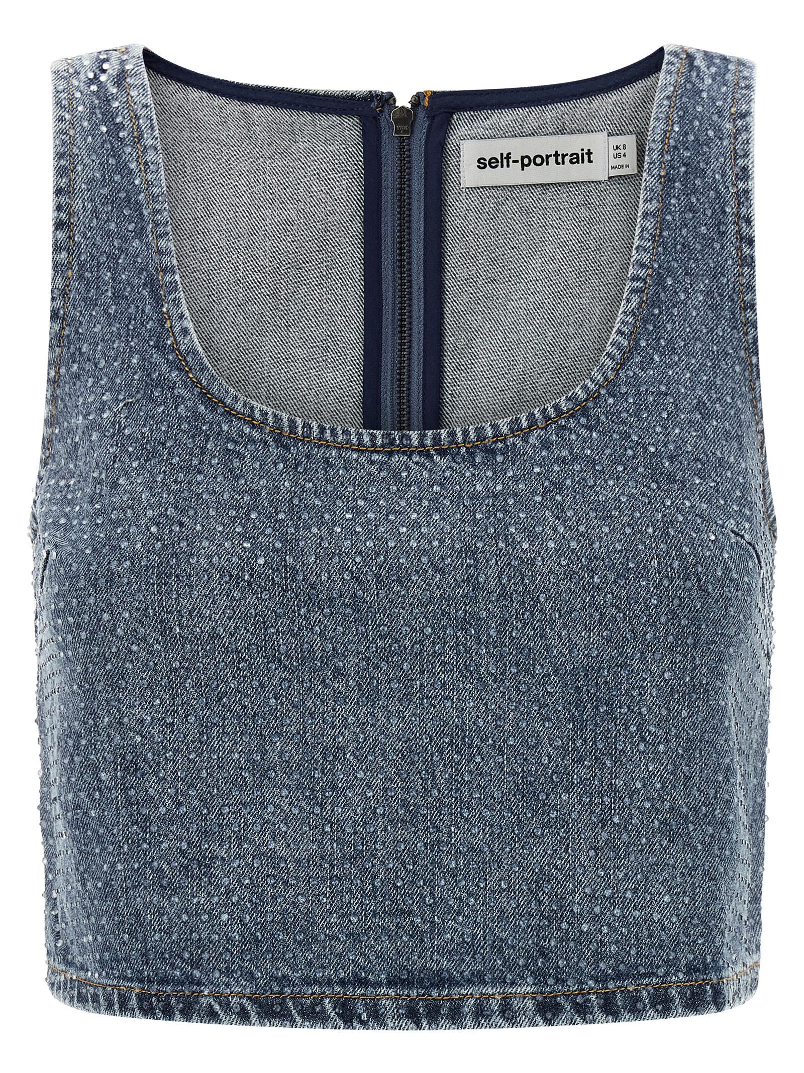 Self-Portrait Rhinestone Denim Crop Top