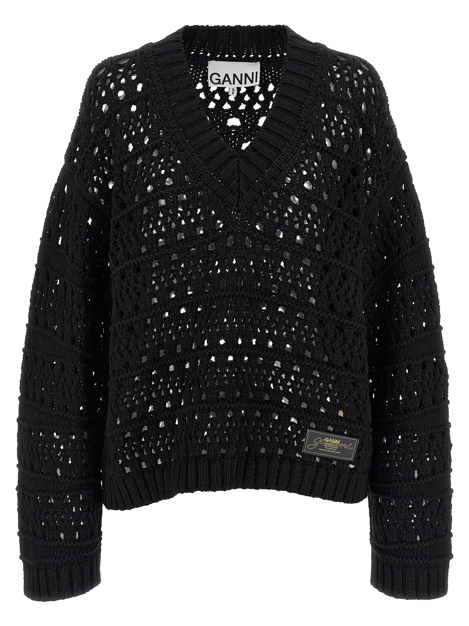 Ganni Black Crochet V-neck Sweater