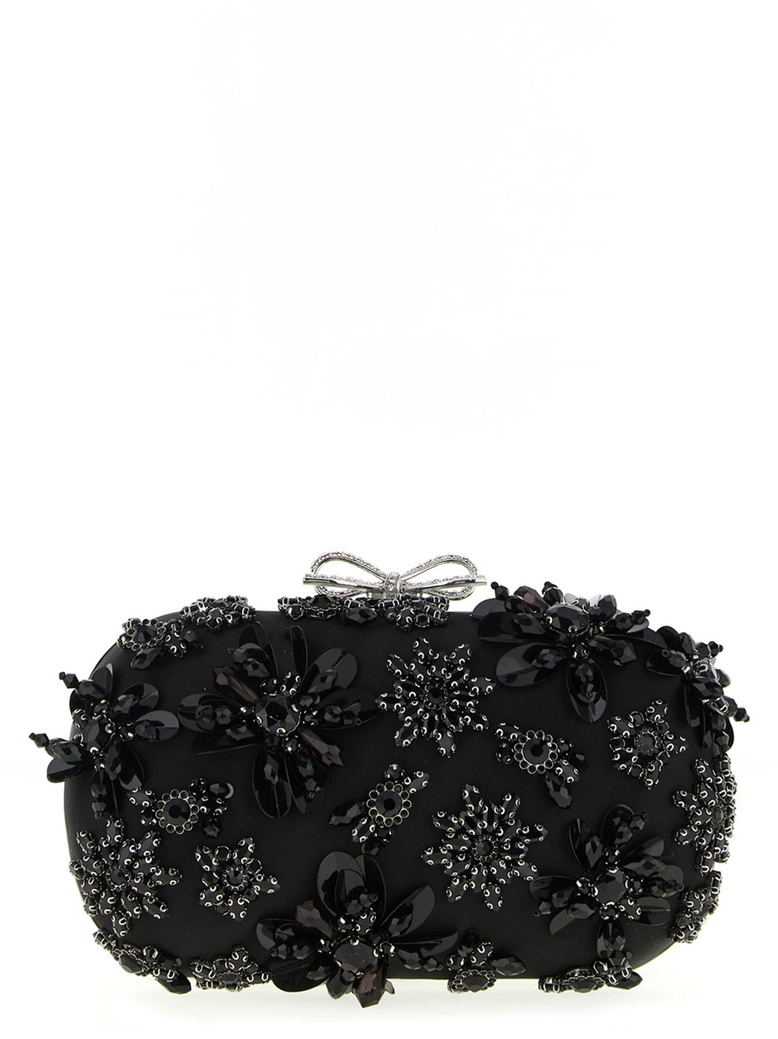 Self-Portrait Black Satin Floral Crystal Clutch
