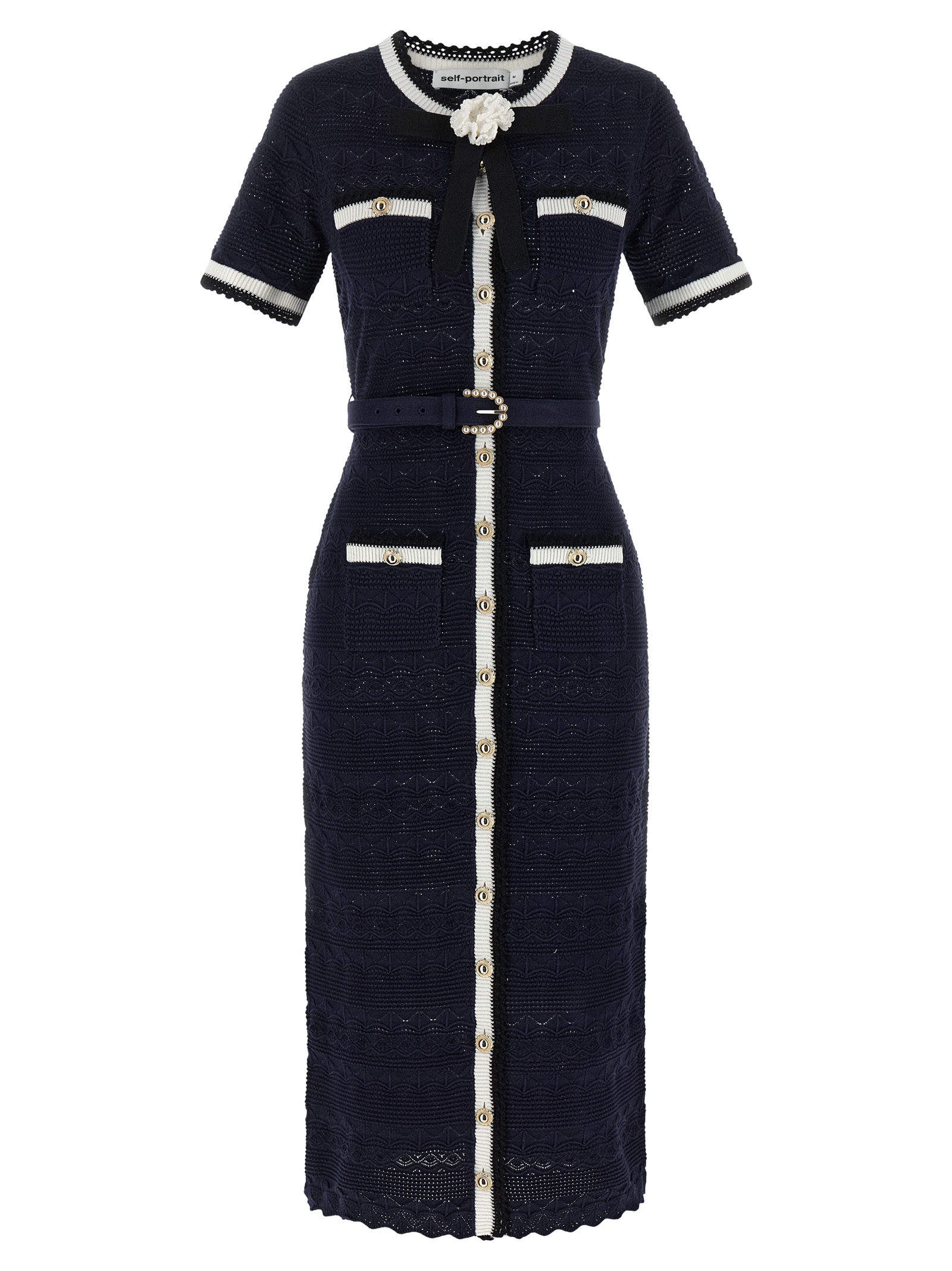 Self-Portrait Navy Pointelle Knit Midi Dress