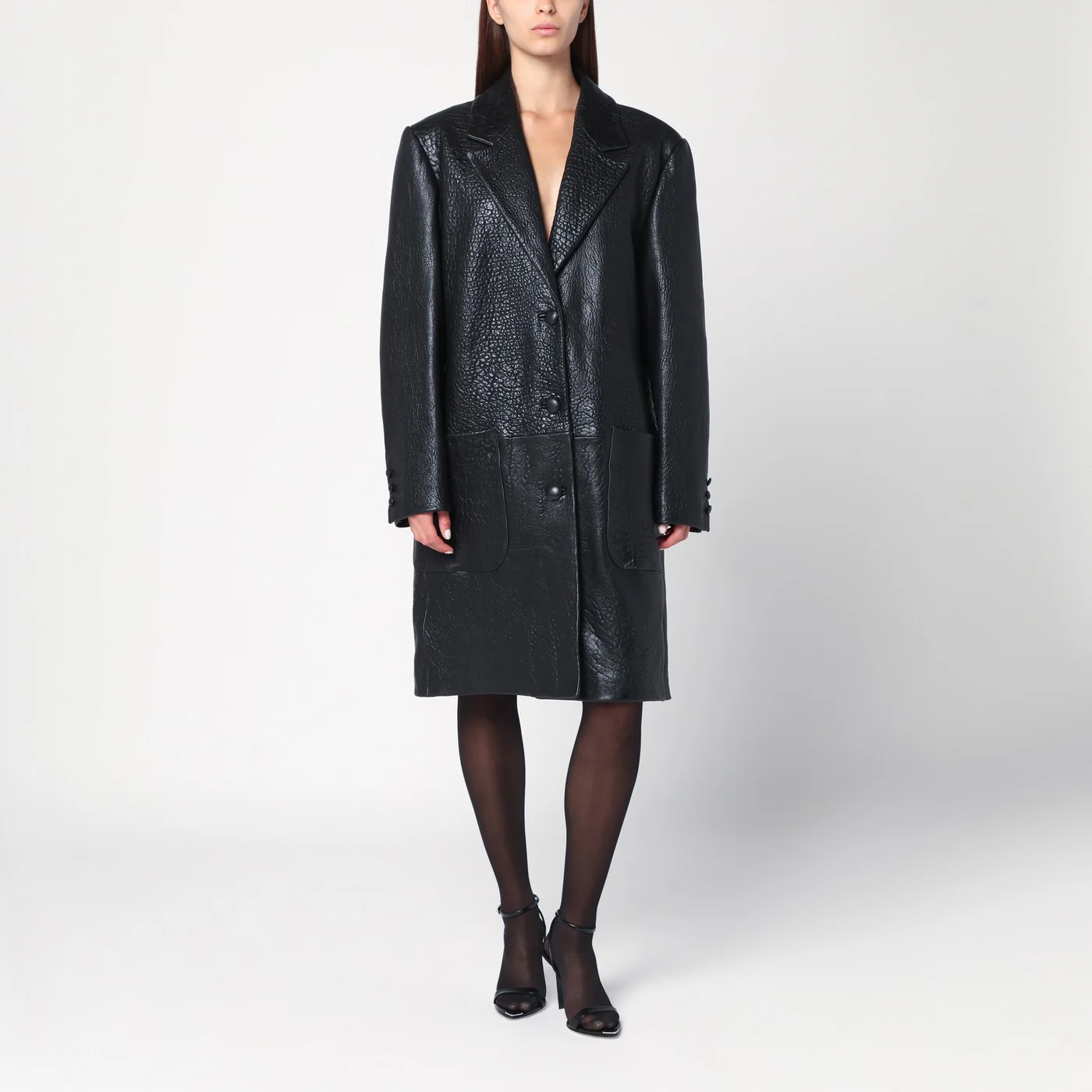 Cassell Single-breasted black leather coat