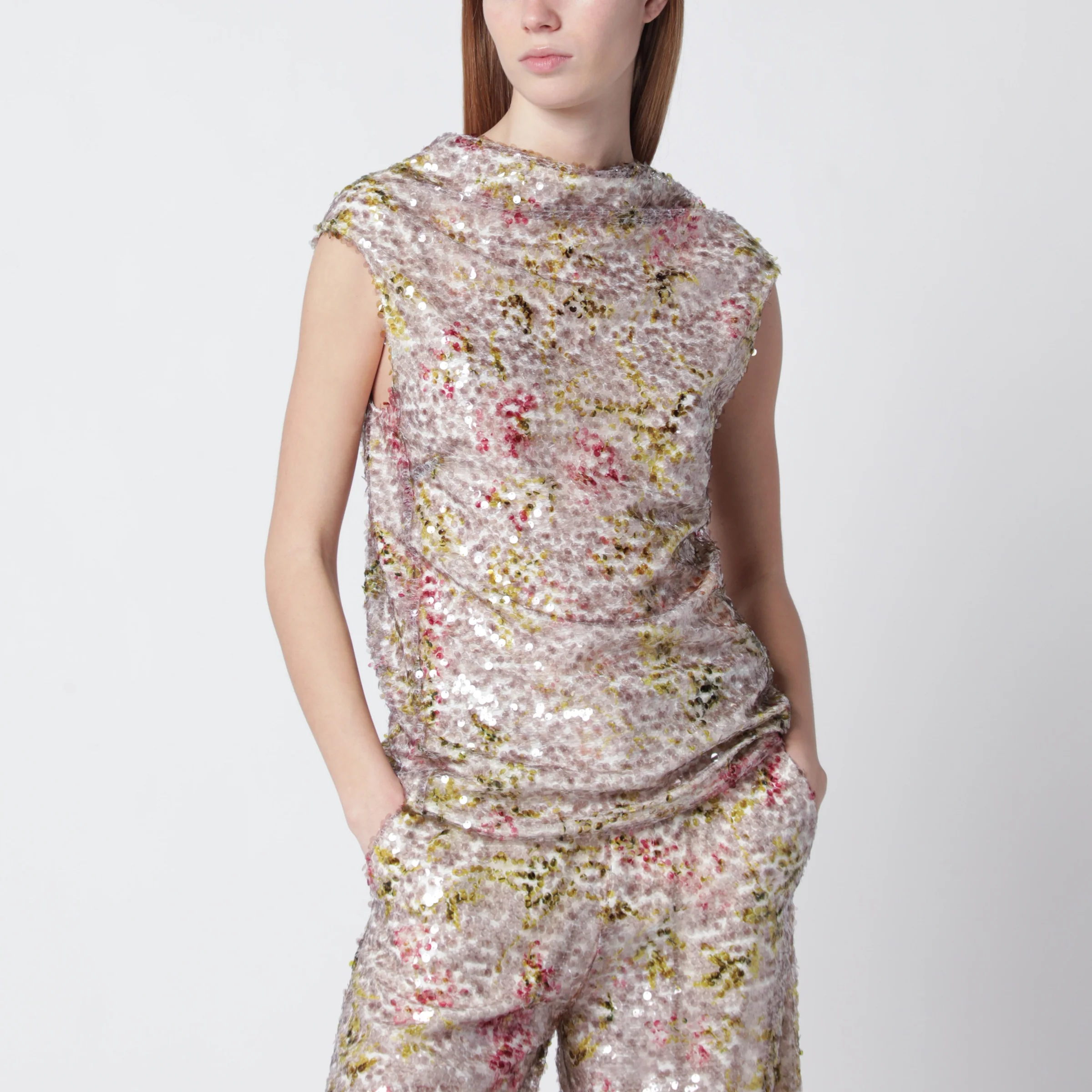 Alberta Ferretti Sleeveless high-neck top with a floral sequin pattern