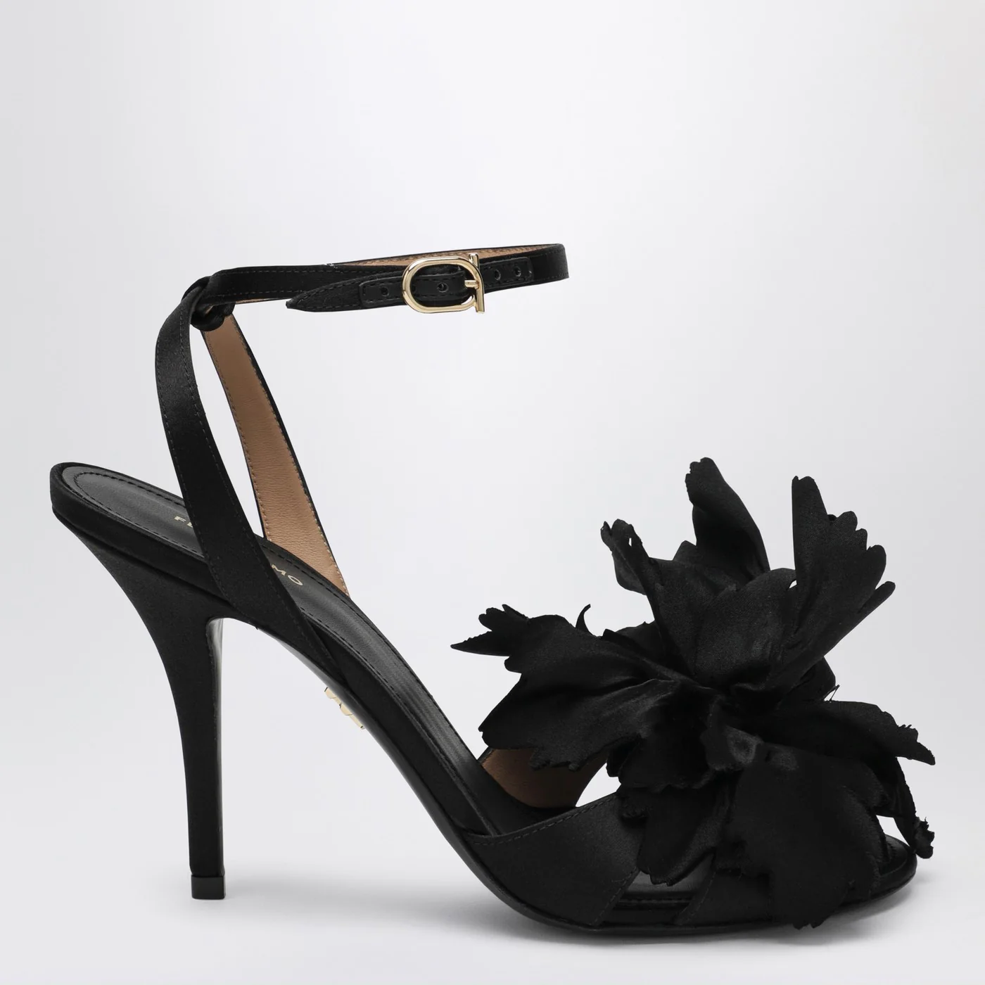 Ferragamo Black satin flower sandals