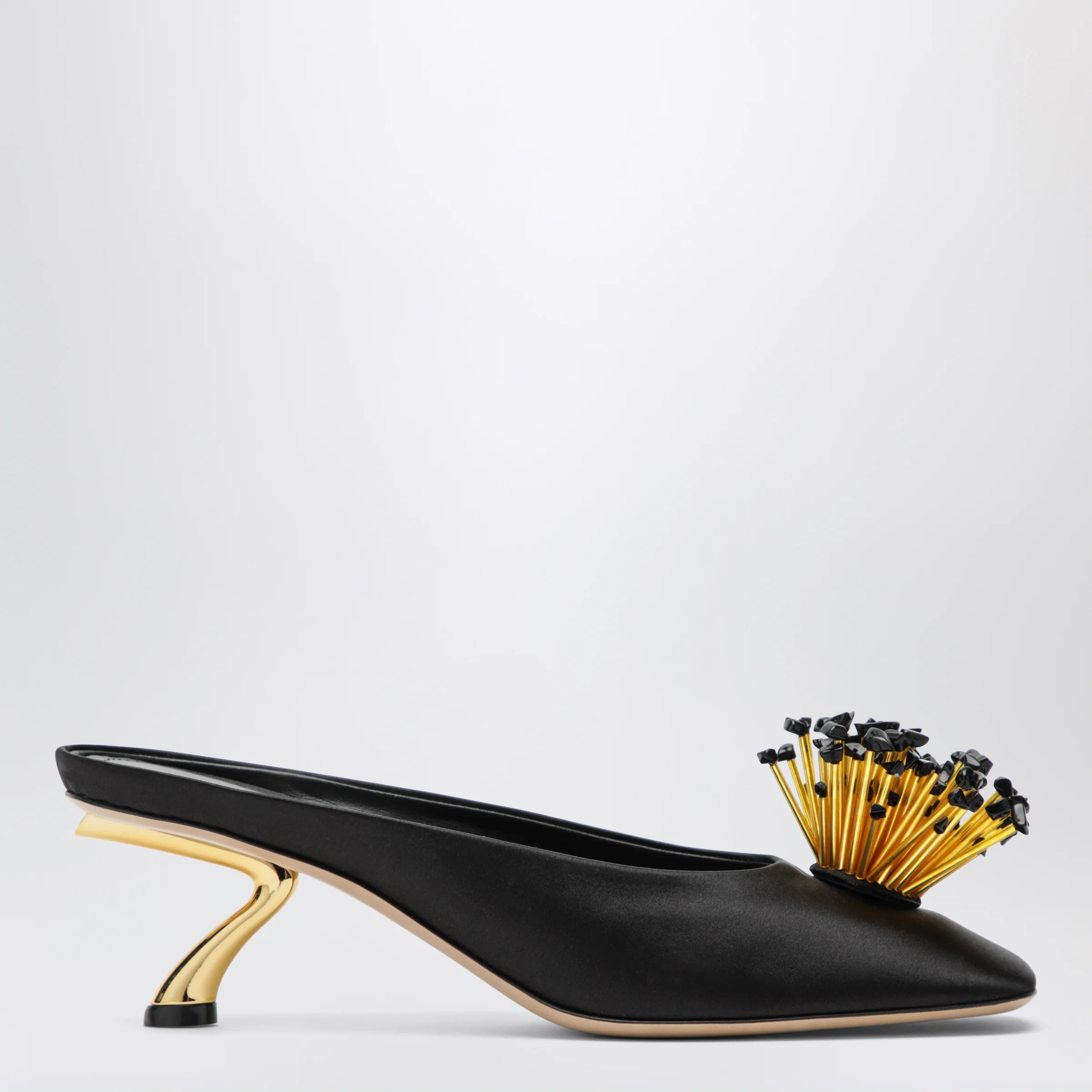 Ferragamo Black mules with sculptural heel and crystal flower