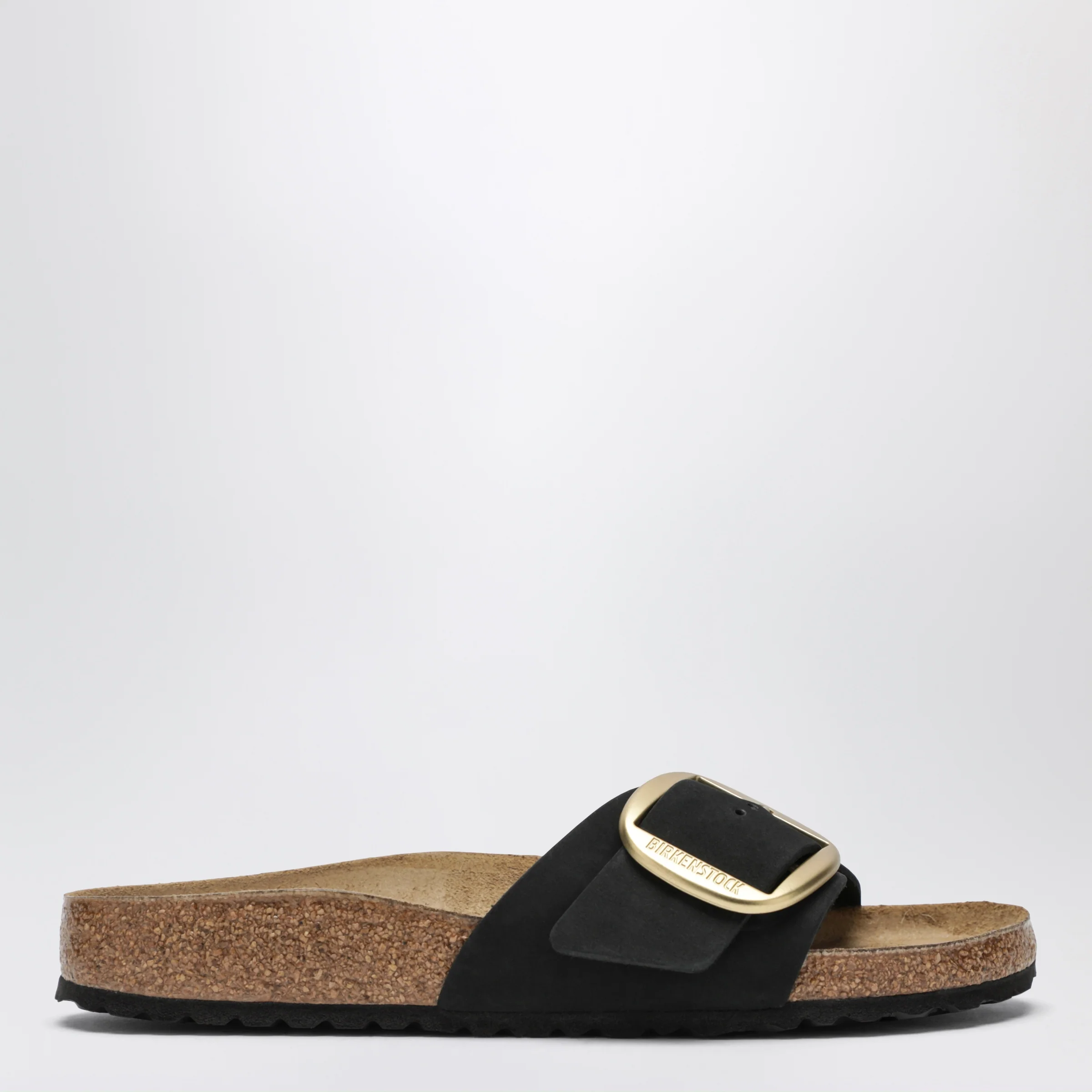 Birkenstock Madrid Big Buckle black nubuck leather slides