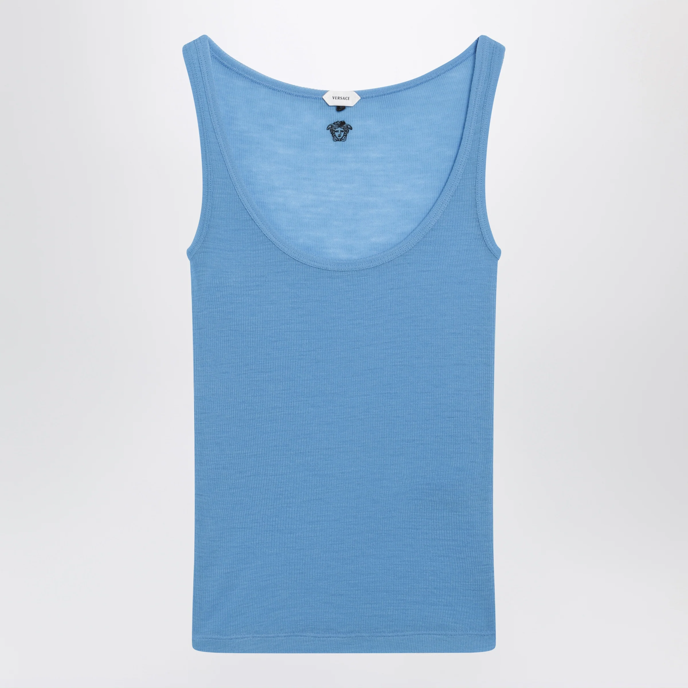 Versace Blue wool tank top with logo embroidery