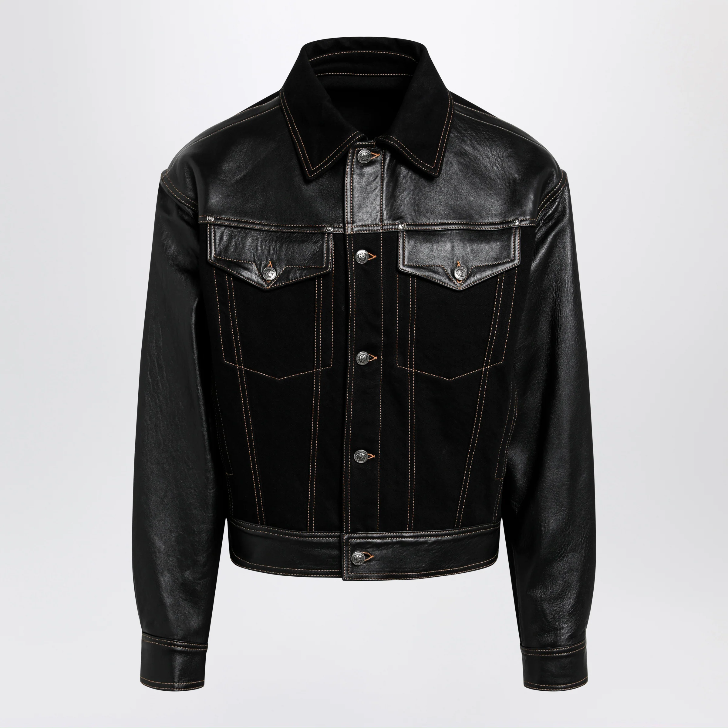 Versace Black Denim and Leather Bomber Jacket