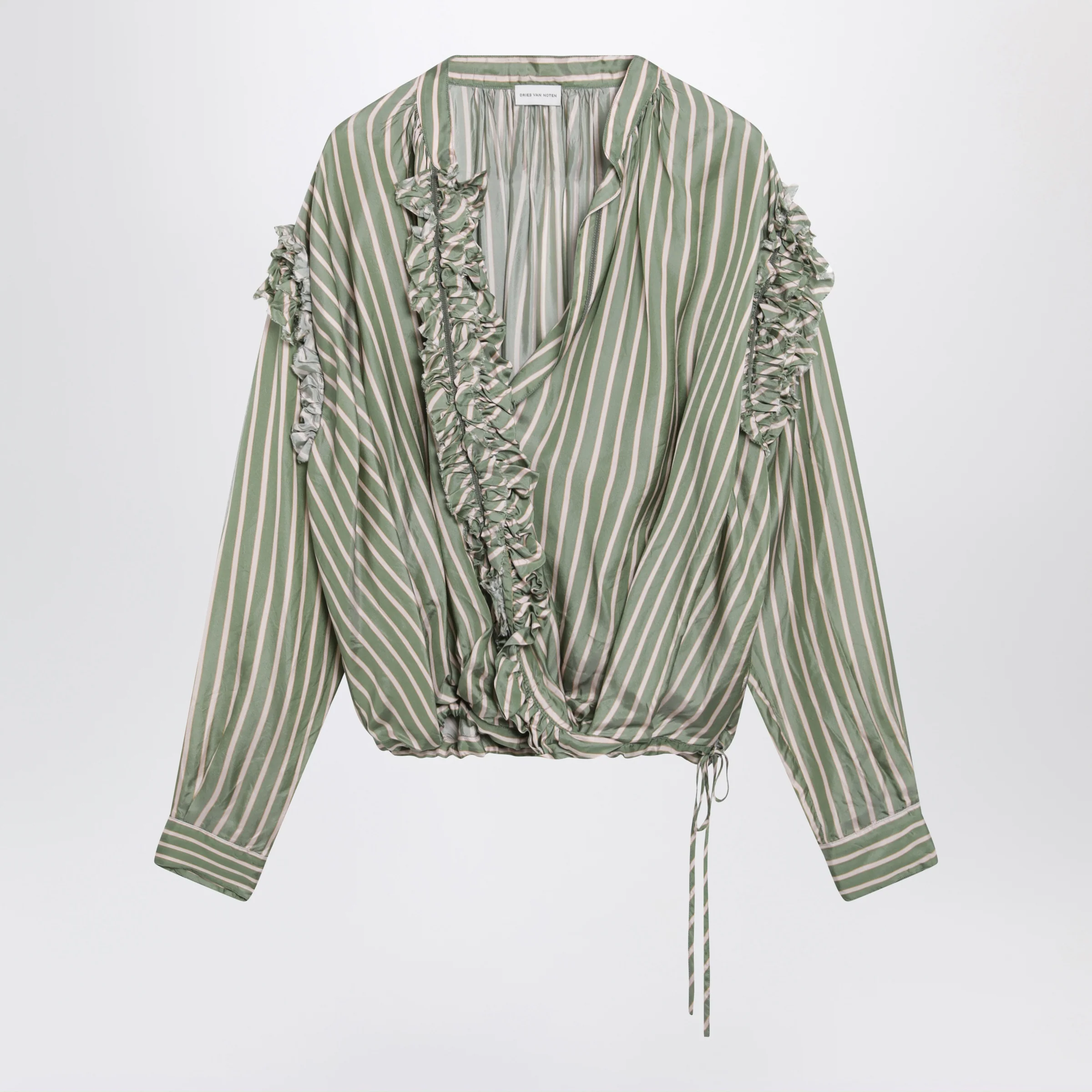 Dries Van Noten Green striped wrap shirt in cupro