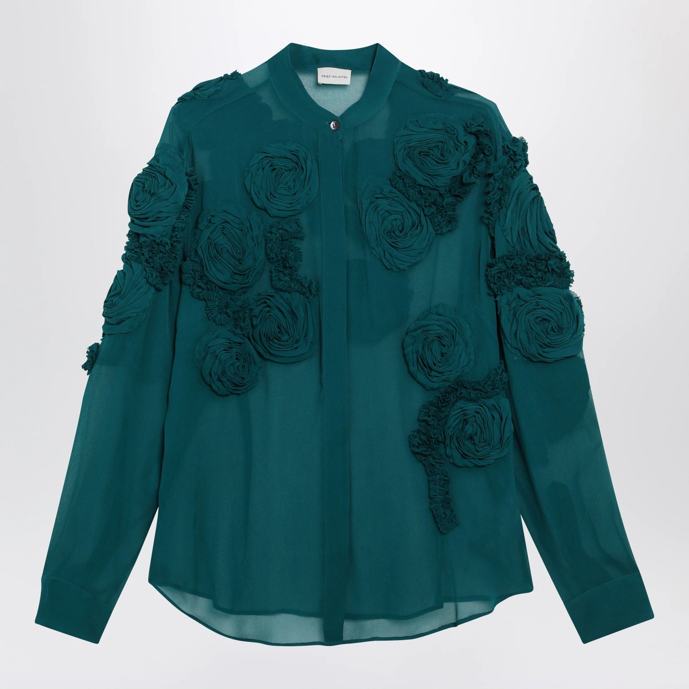 Dries Van Noten Petrol green shirt with raised rose details