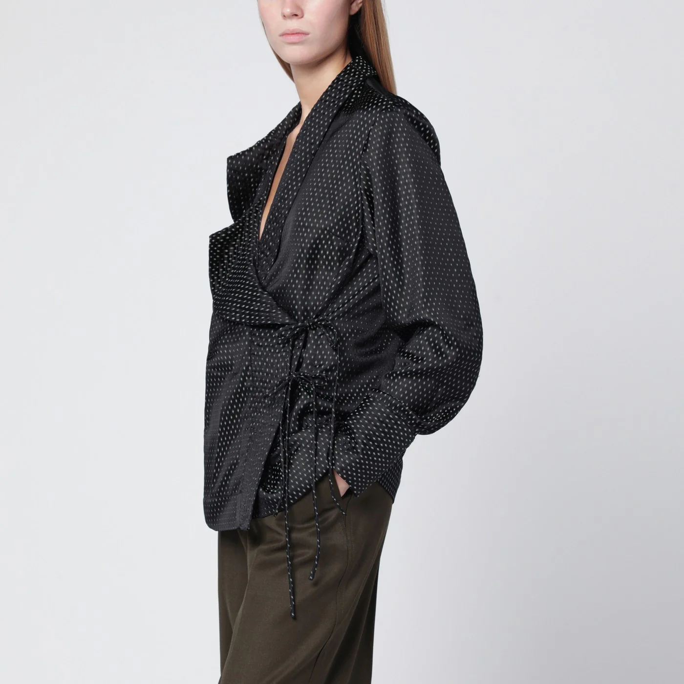 Dries Van Noten Black wrap shirt with jacquard texture
