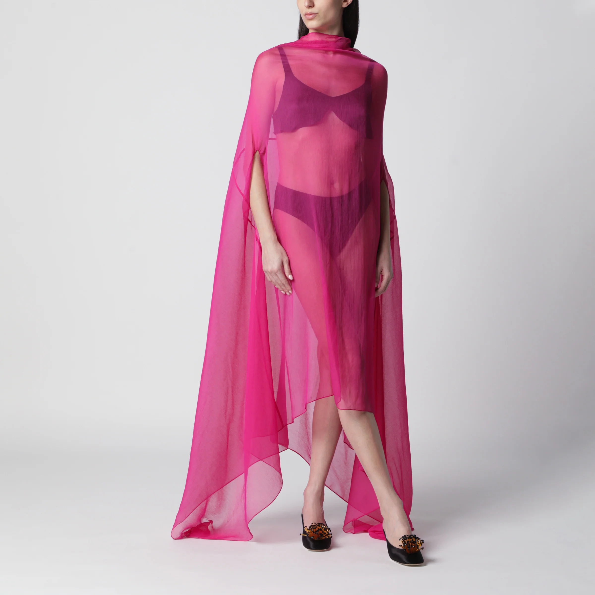 Dries Van Noten Wide Cape Dress Fuchsia in Sheer Silk
