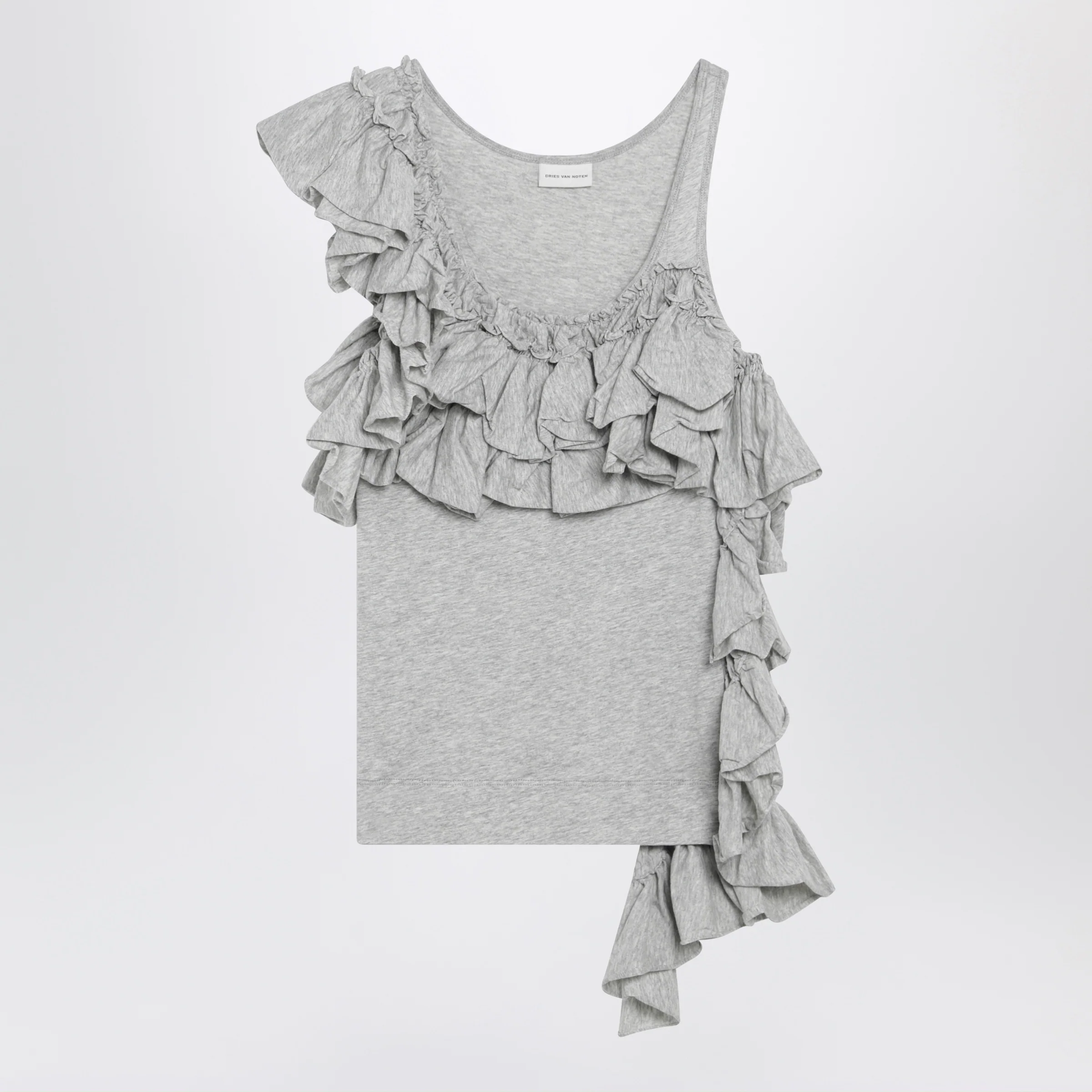 Dries Van Noten Grey mélange tank top with ruffles