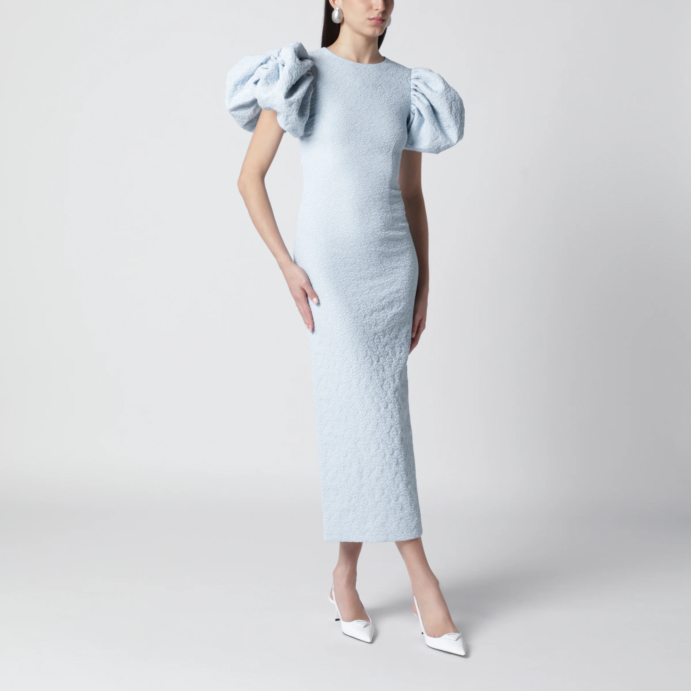 ROTATE Light blue balloon jacquard midi dress