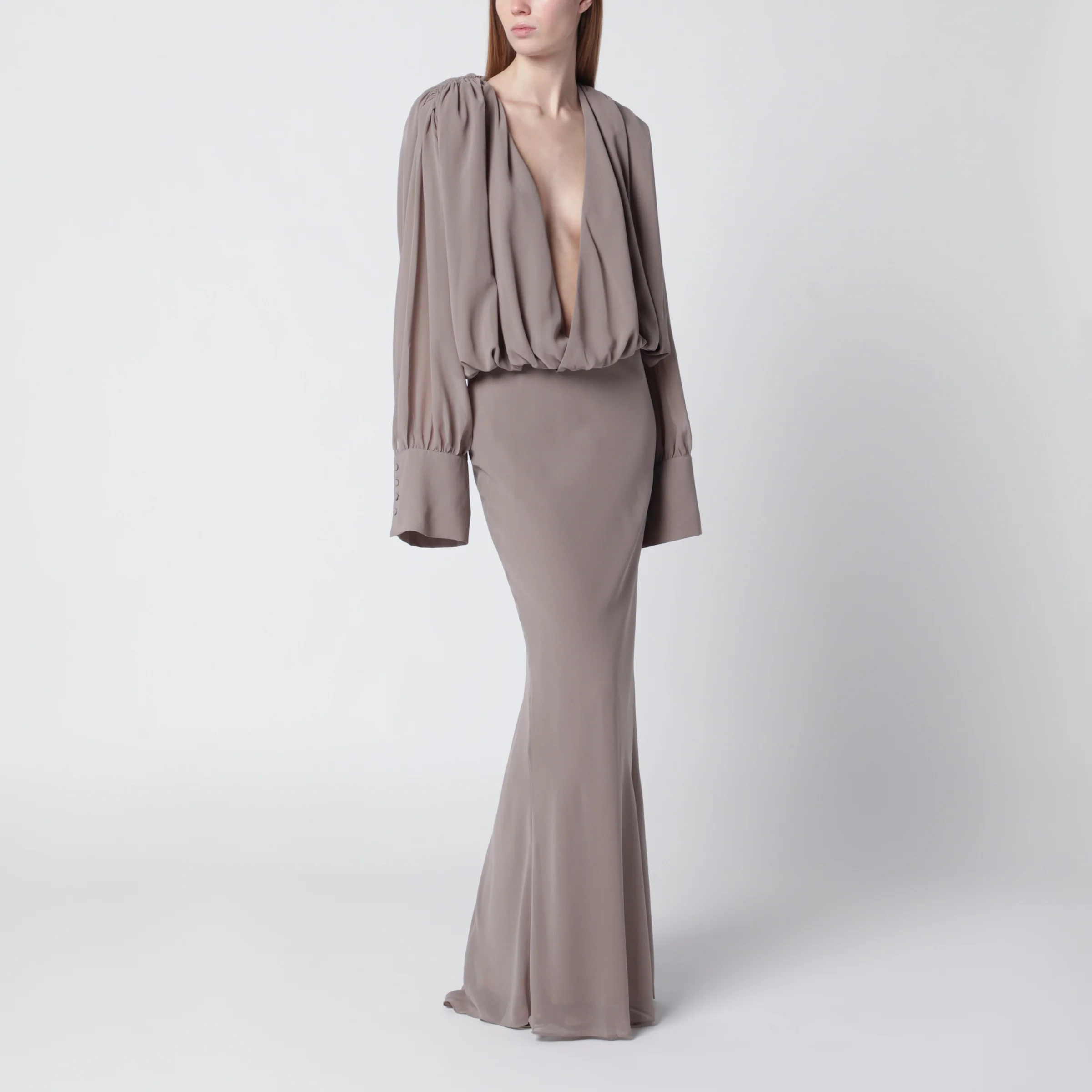 ROTATE Long taupe chiffon dress