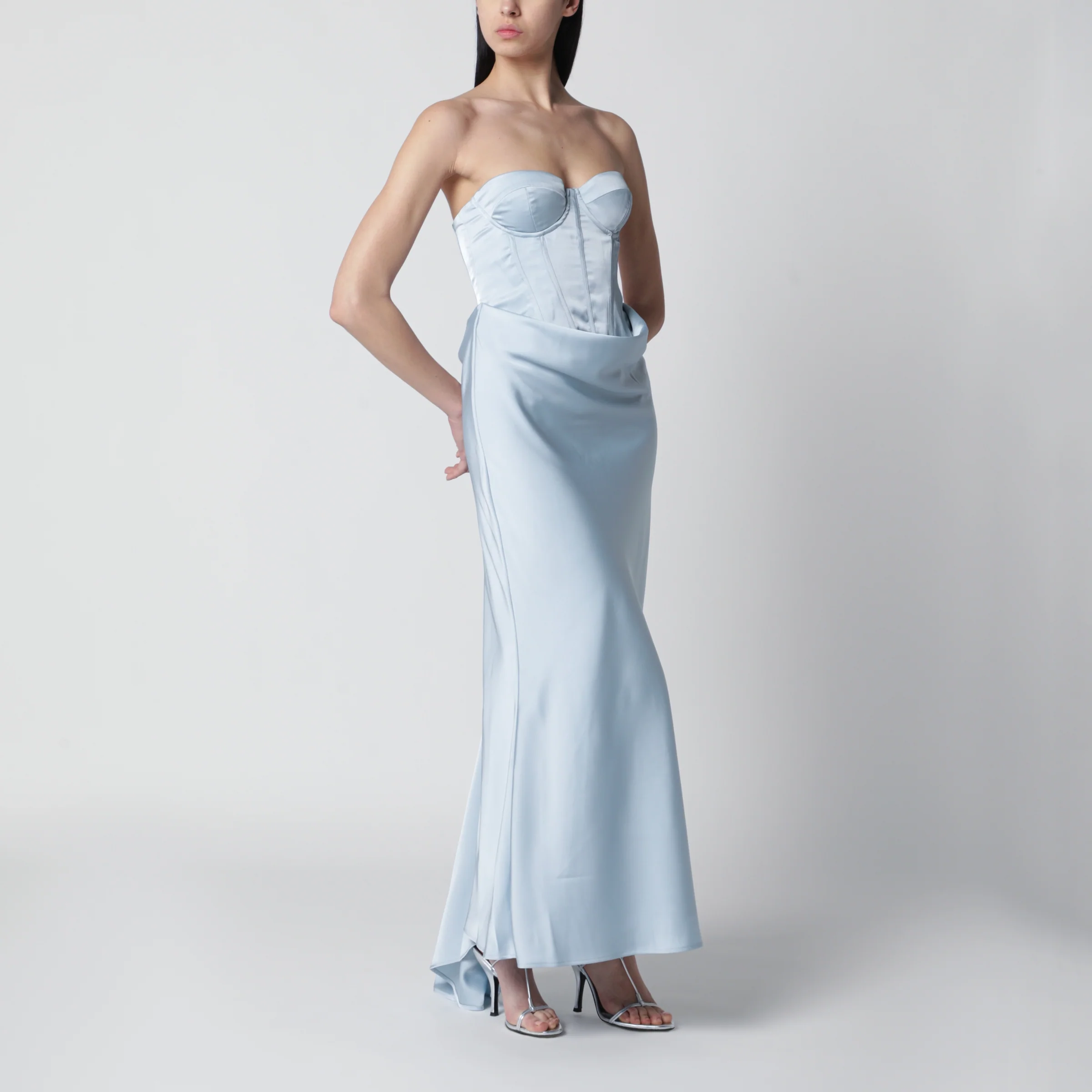ROTATE Strapless long corset satin dress in Plein Air