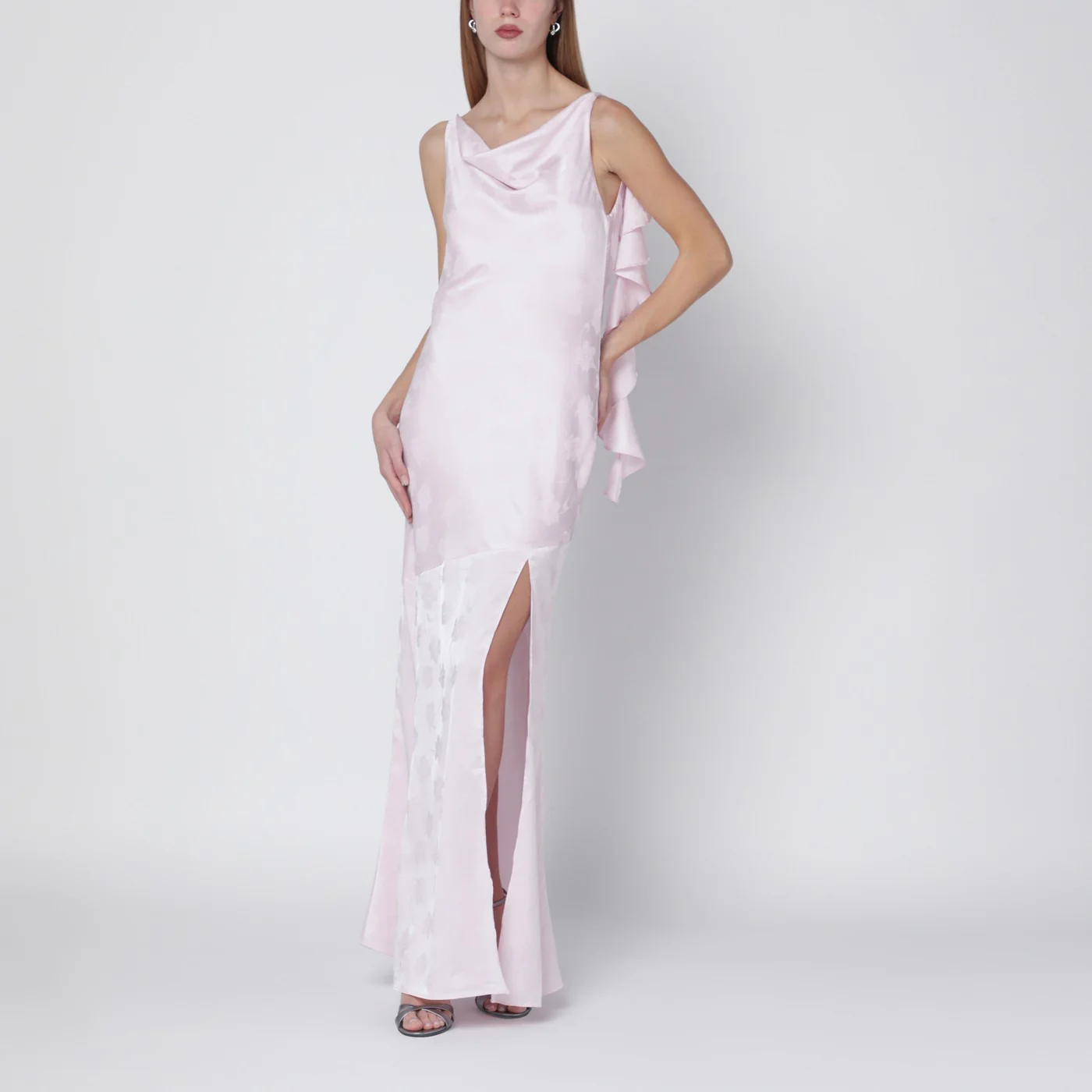 ROTATE Long pink satin jacquard dress with ruffles