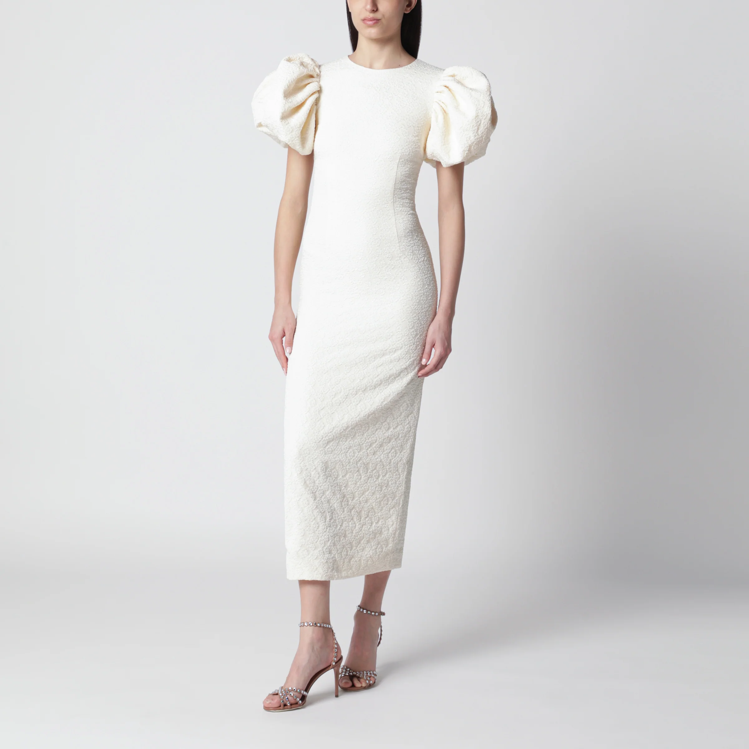 ROTATE Midi balloon jacquard dress in white
