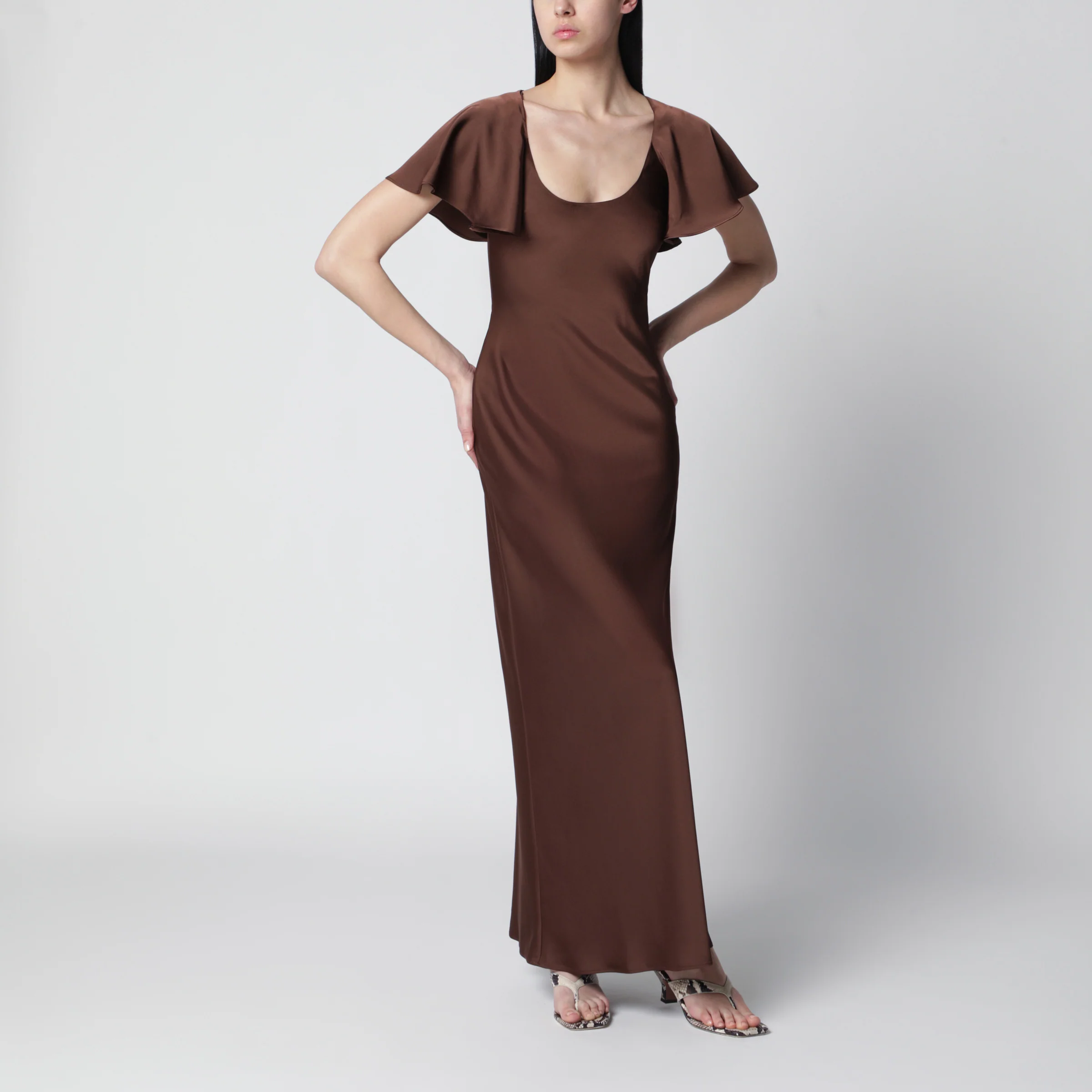 ROTATE Long satin dress with flutter sleeves in Potting Soil