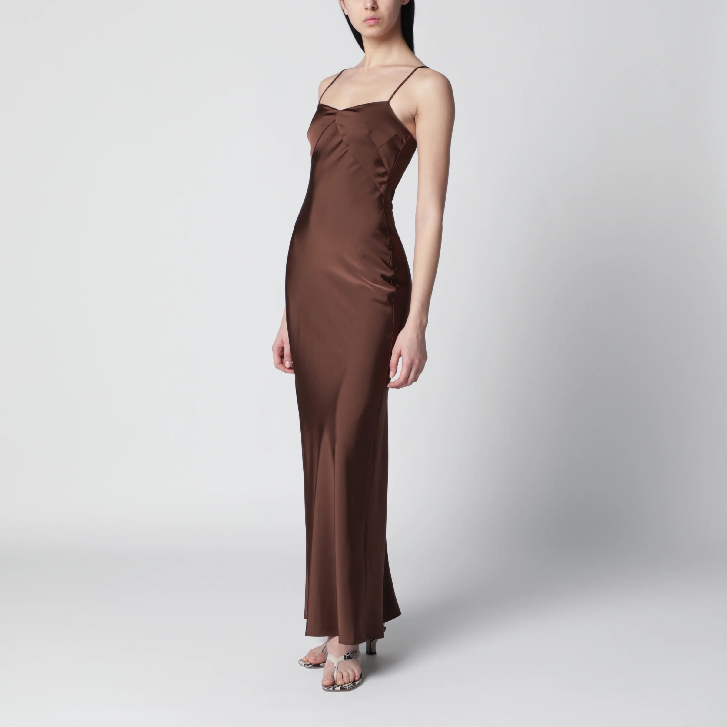 ROTATE Long satin slip dress in Potting Soil