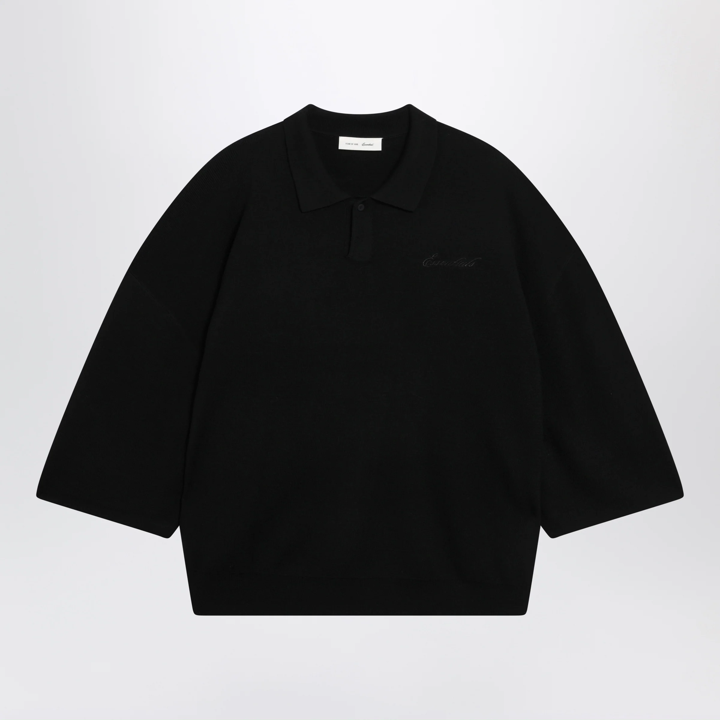 Fear of God Essentials Signature 90s-style knit 3/4-sleeve polo in black