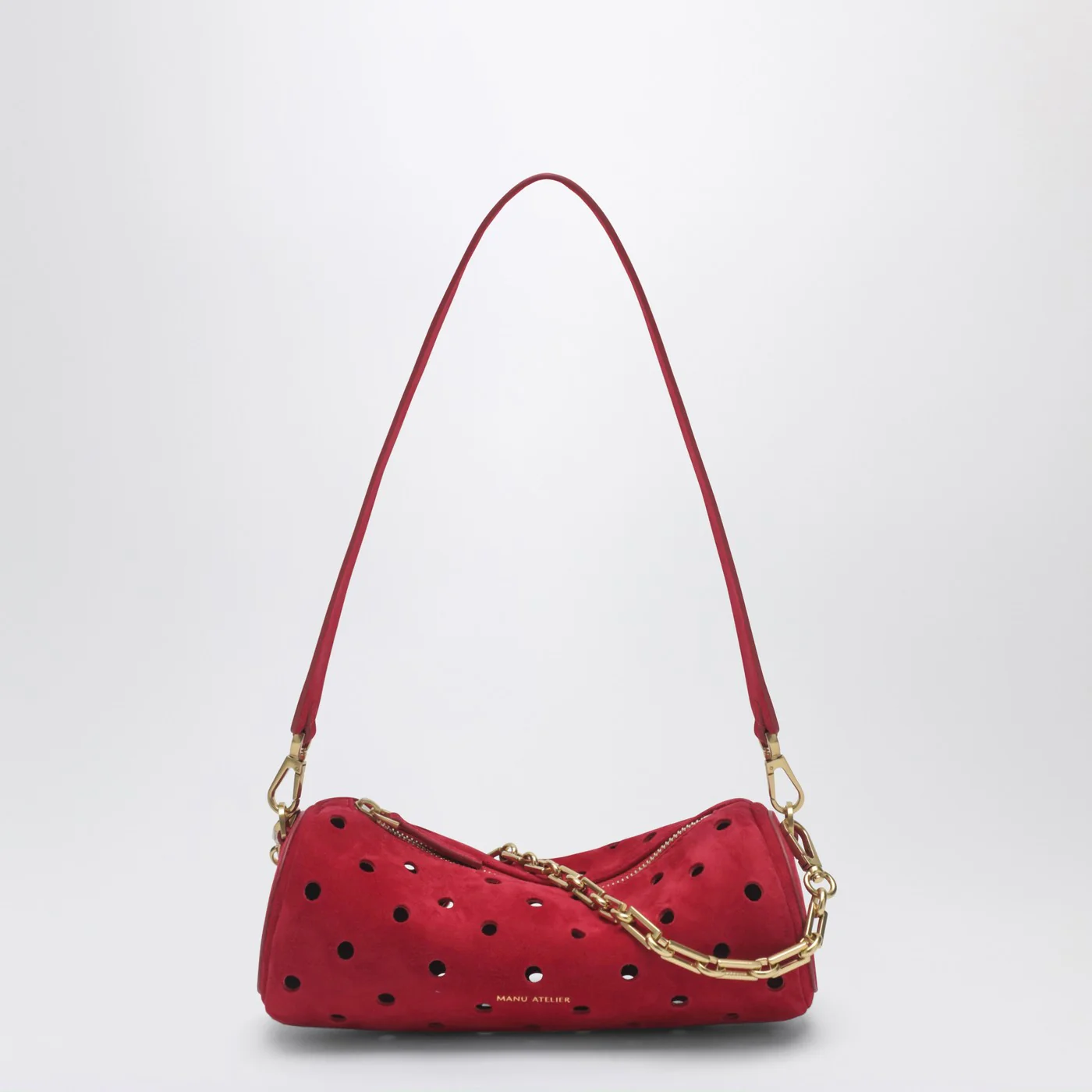 Manu Atelier Mini Cylinder bag in perforated red suede