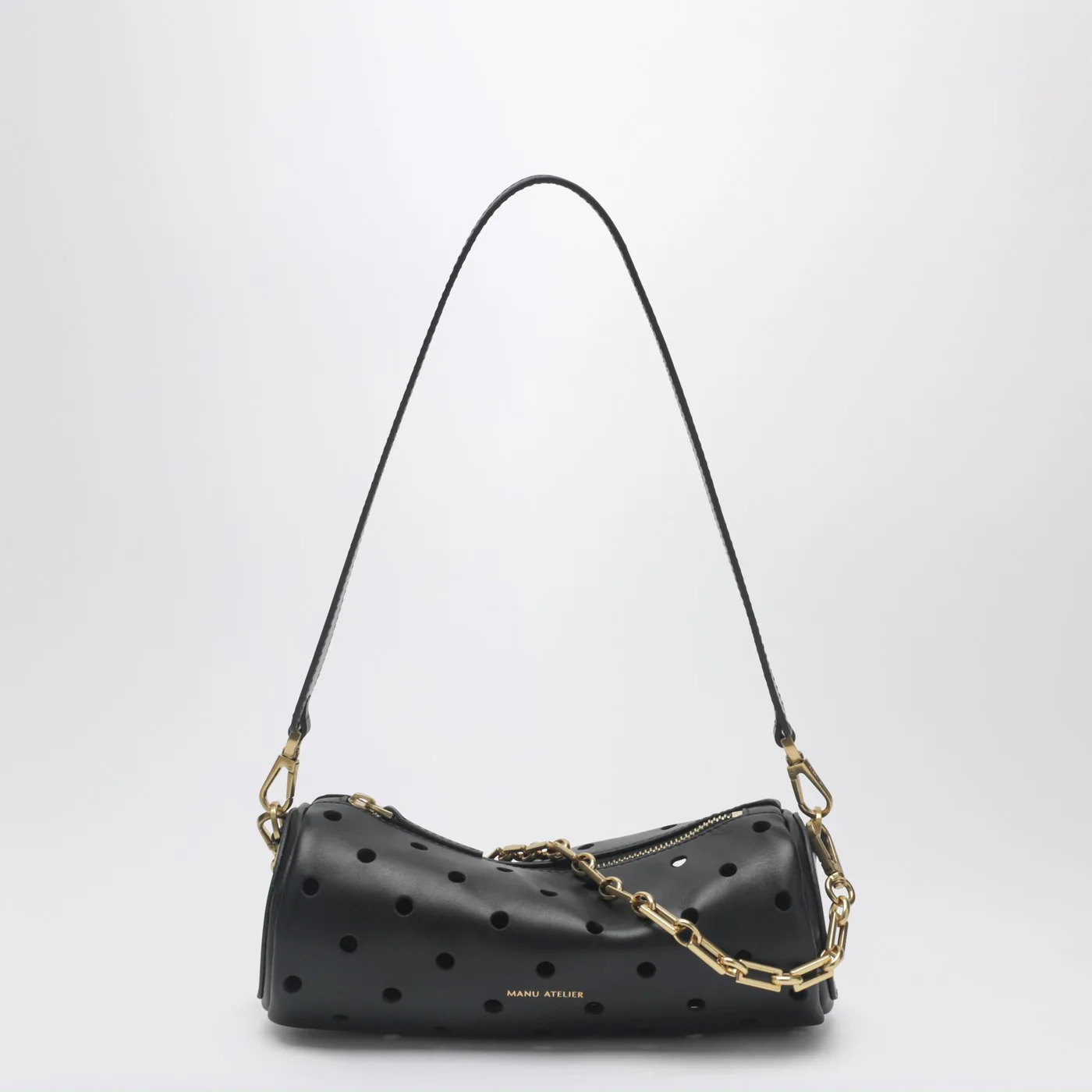 Manu Atelier Mini Cylinder bag in perforated black leather