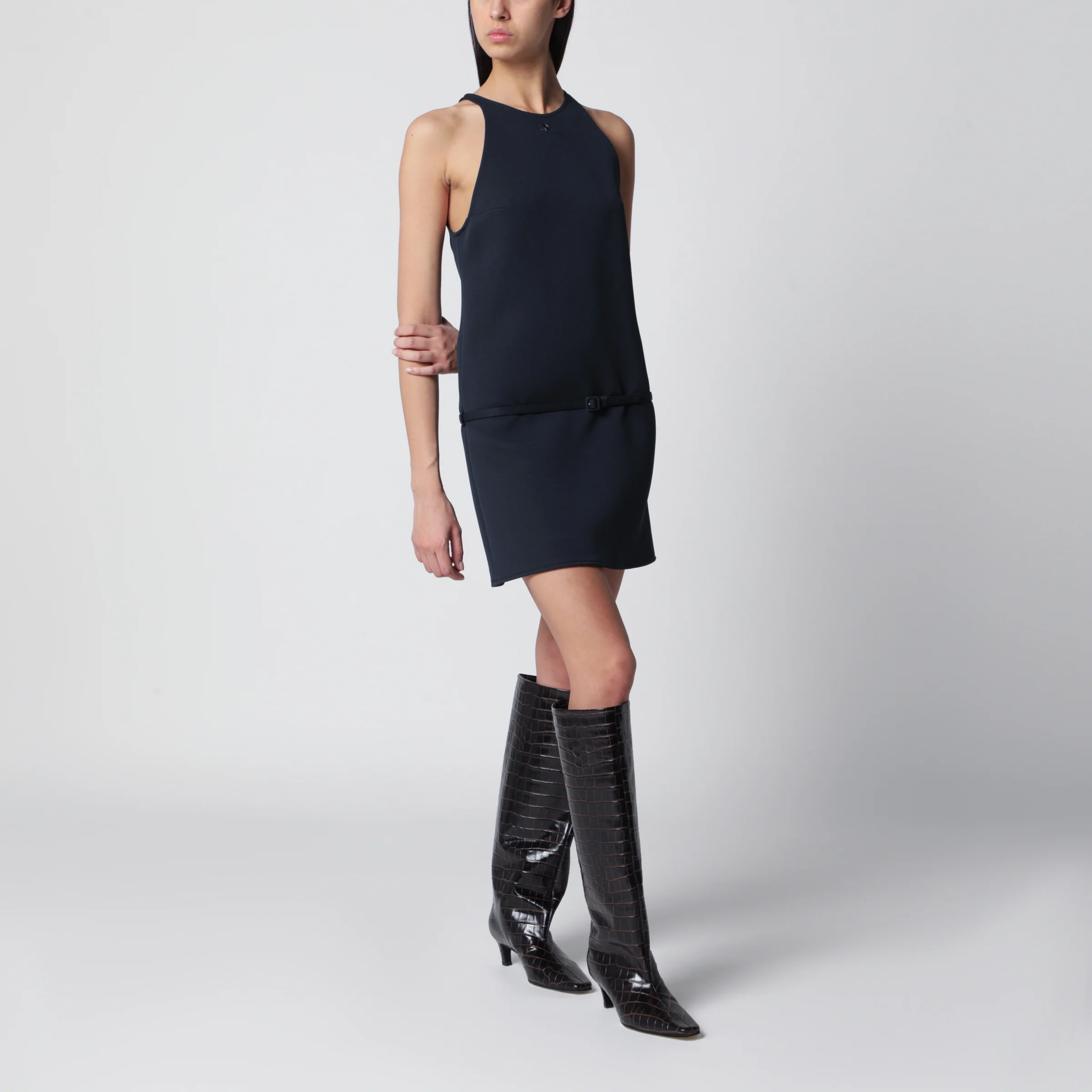 Courrèges Sleeveless A-line twill mini dress with belt in navy