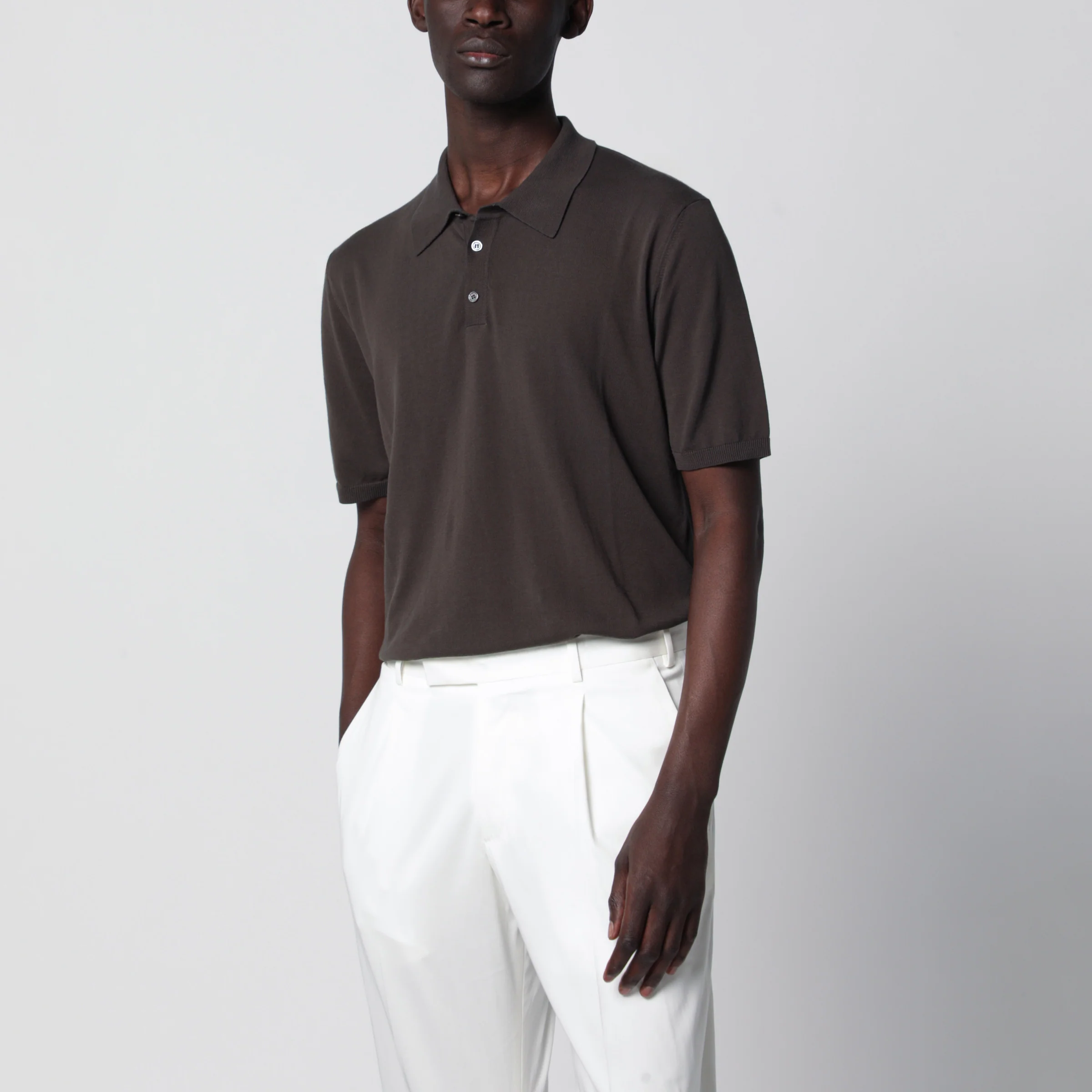 Roberto Collina Regular-fit cotton crepe knit polo in dark brown