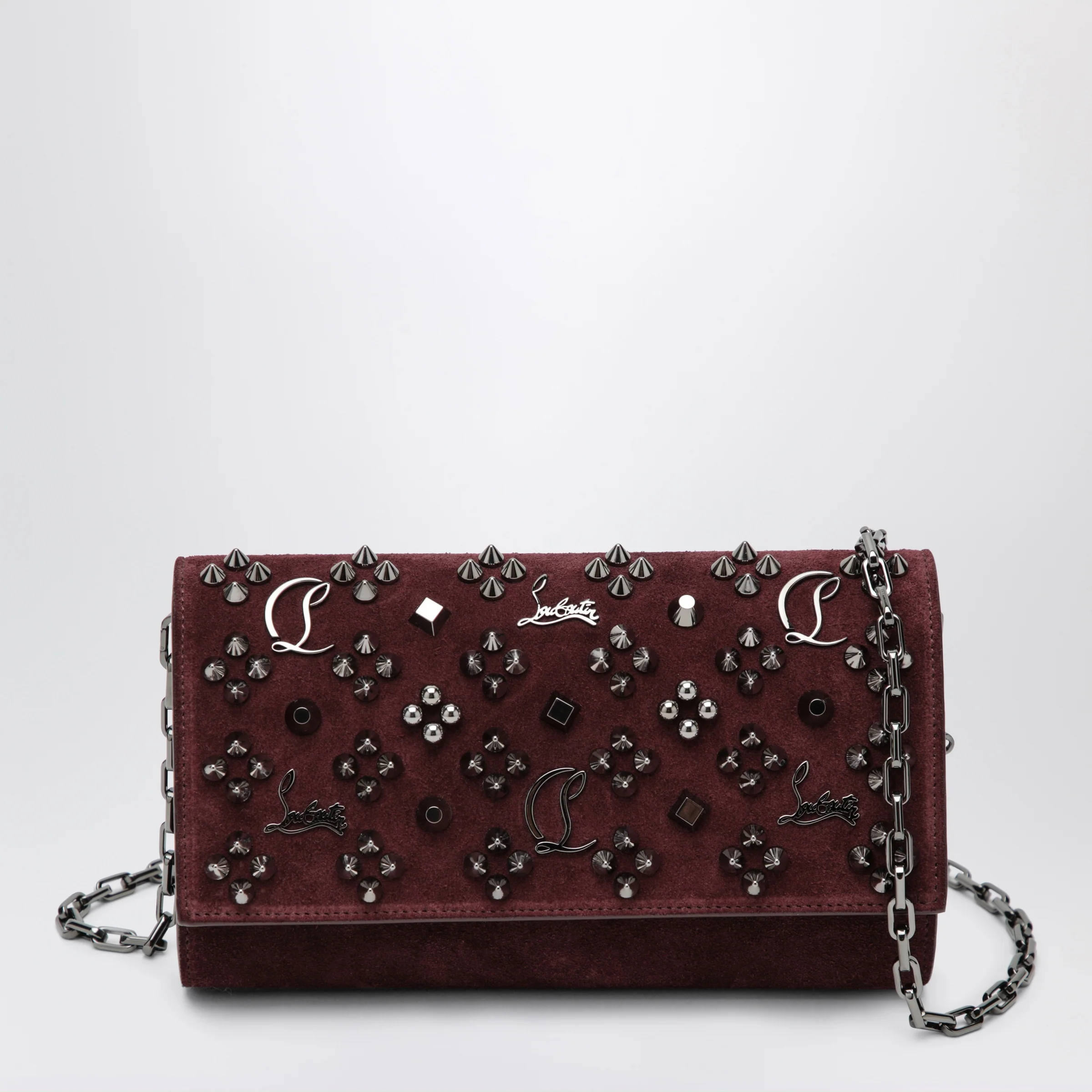 Christian Louboutin Paloma studded suede wallet on chain Burgundy