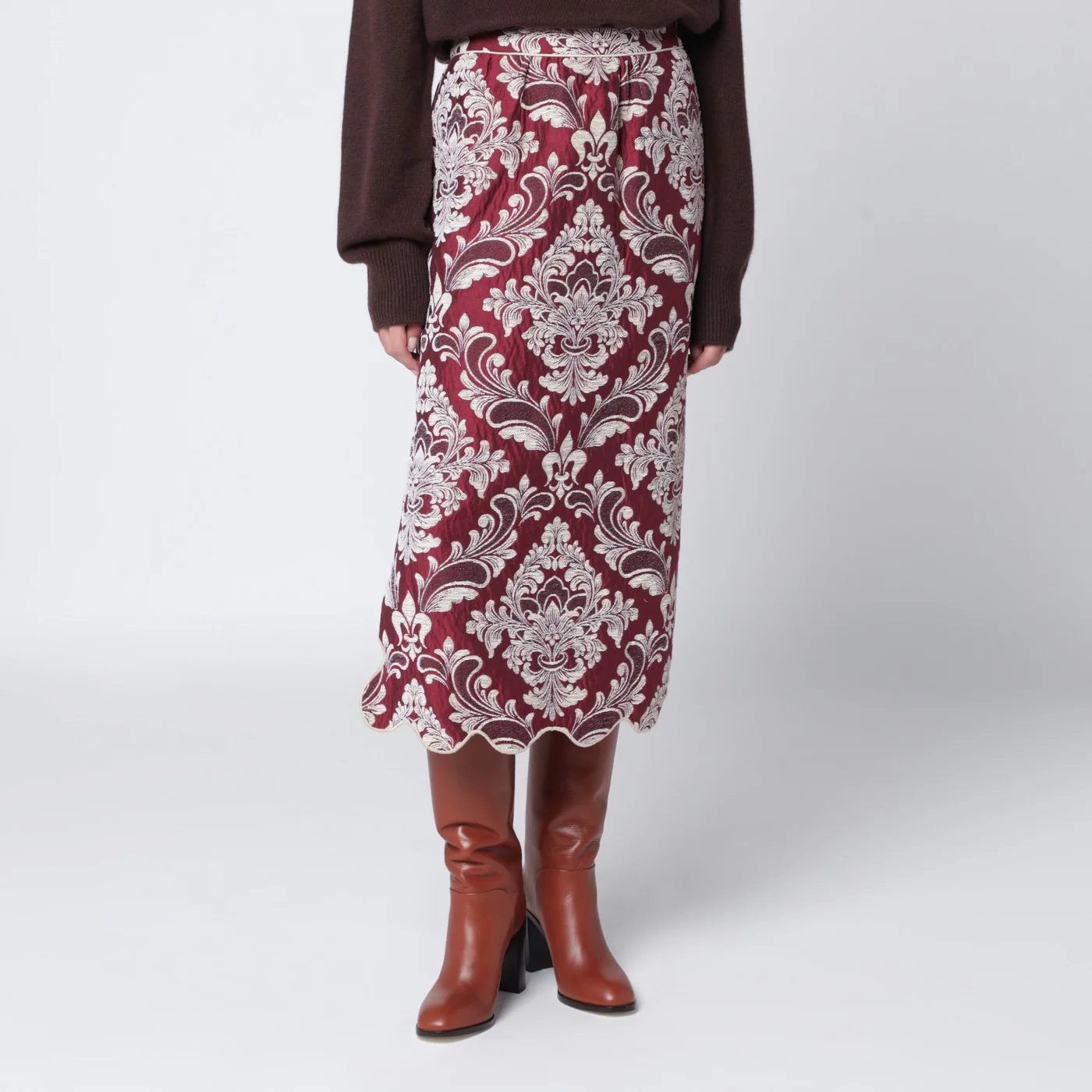 FARM Rio Bordeaux jacquard midi skirt