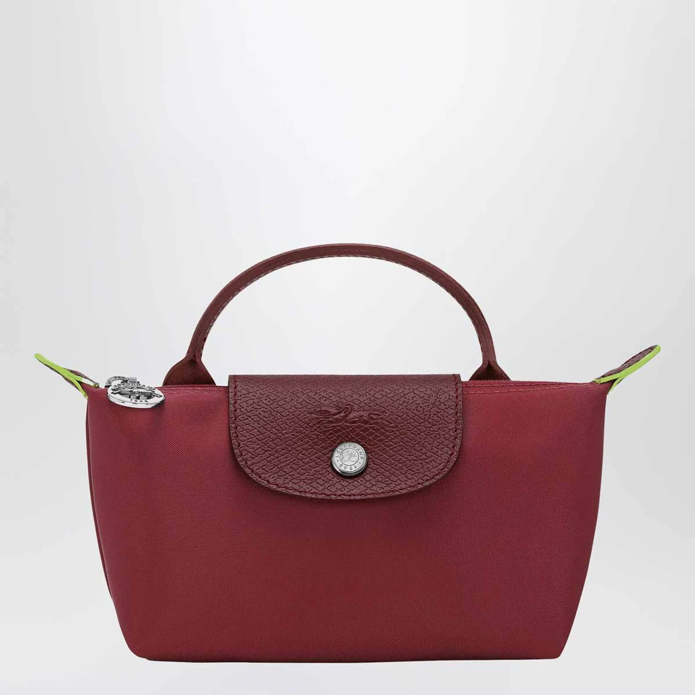 Longchamp Le Pliage Green Pomegranate coloured clutch bag