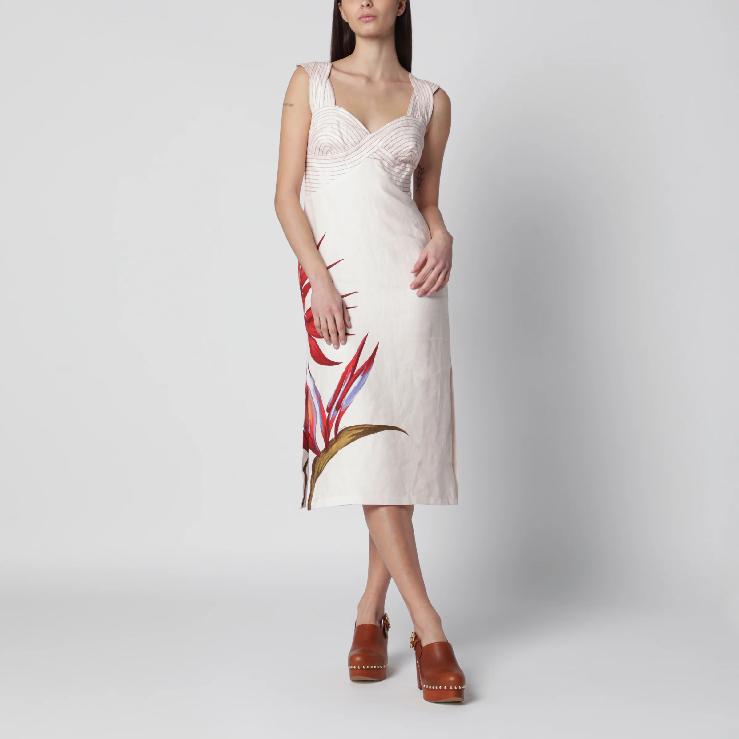 FARM Rio Sand-colored linen midi dress with Strelitzia pattern