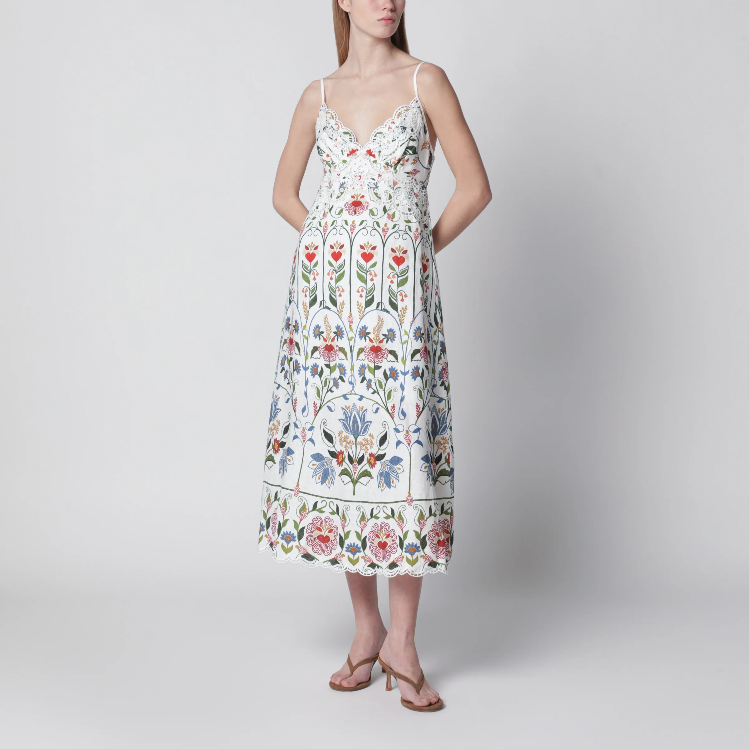 FARM Rio White midi dress in linen with garden motif