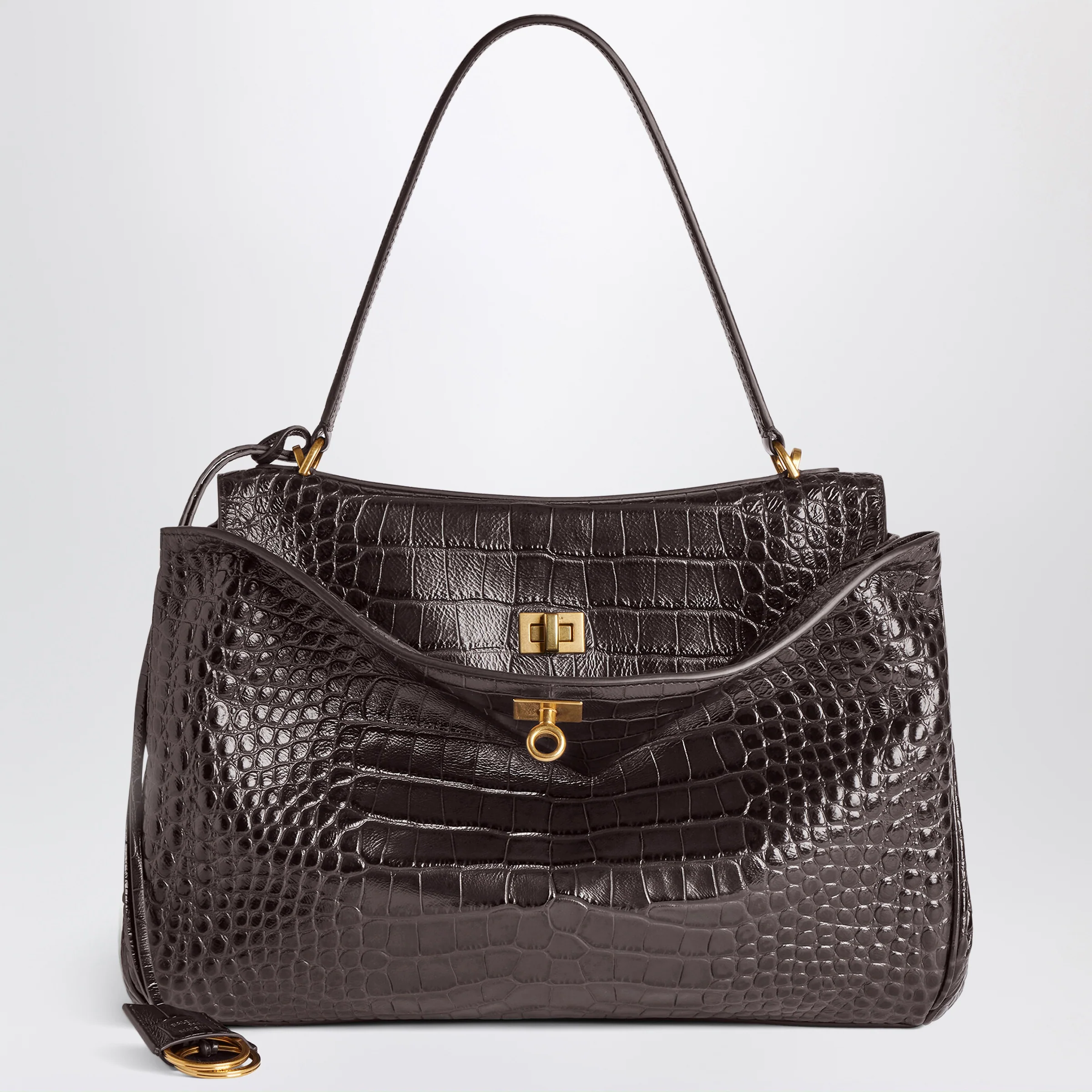 Balenciaga Rodeo medium handbag in espresso crocodile-embossed leather