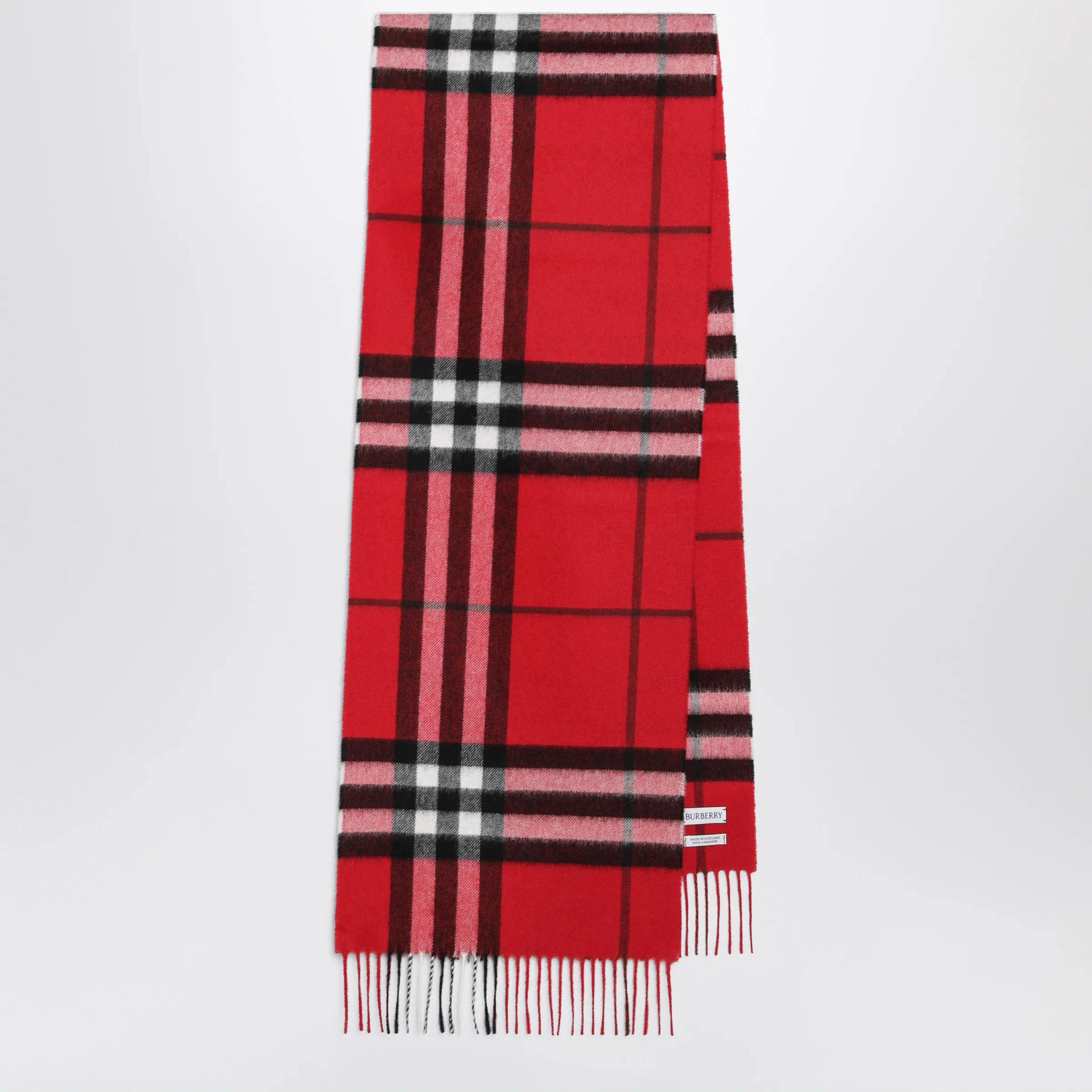Burberry Check cashmere scarf with fringes in Post Red