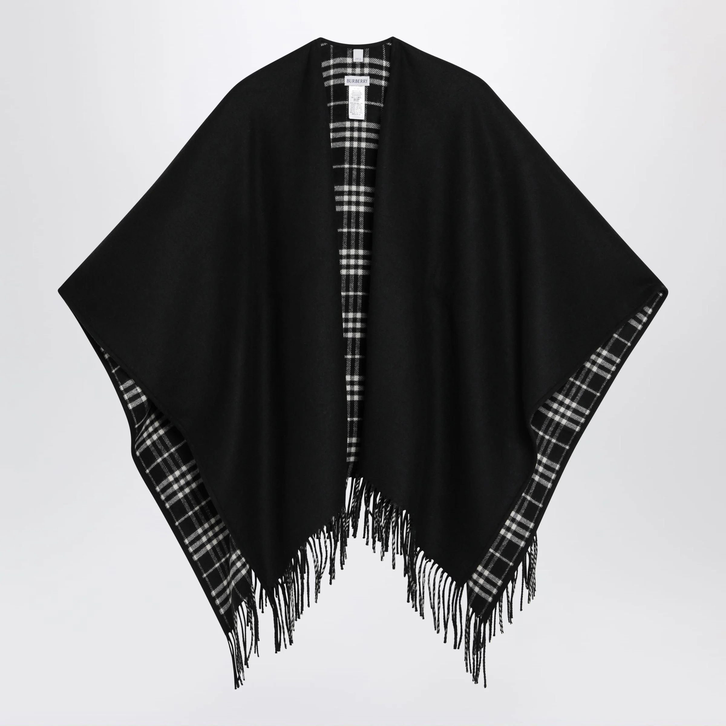Burberry Reversible wool check cape with fringes in black
