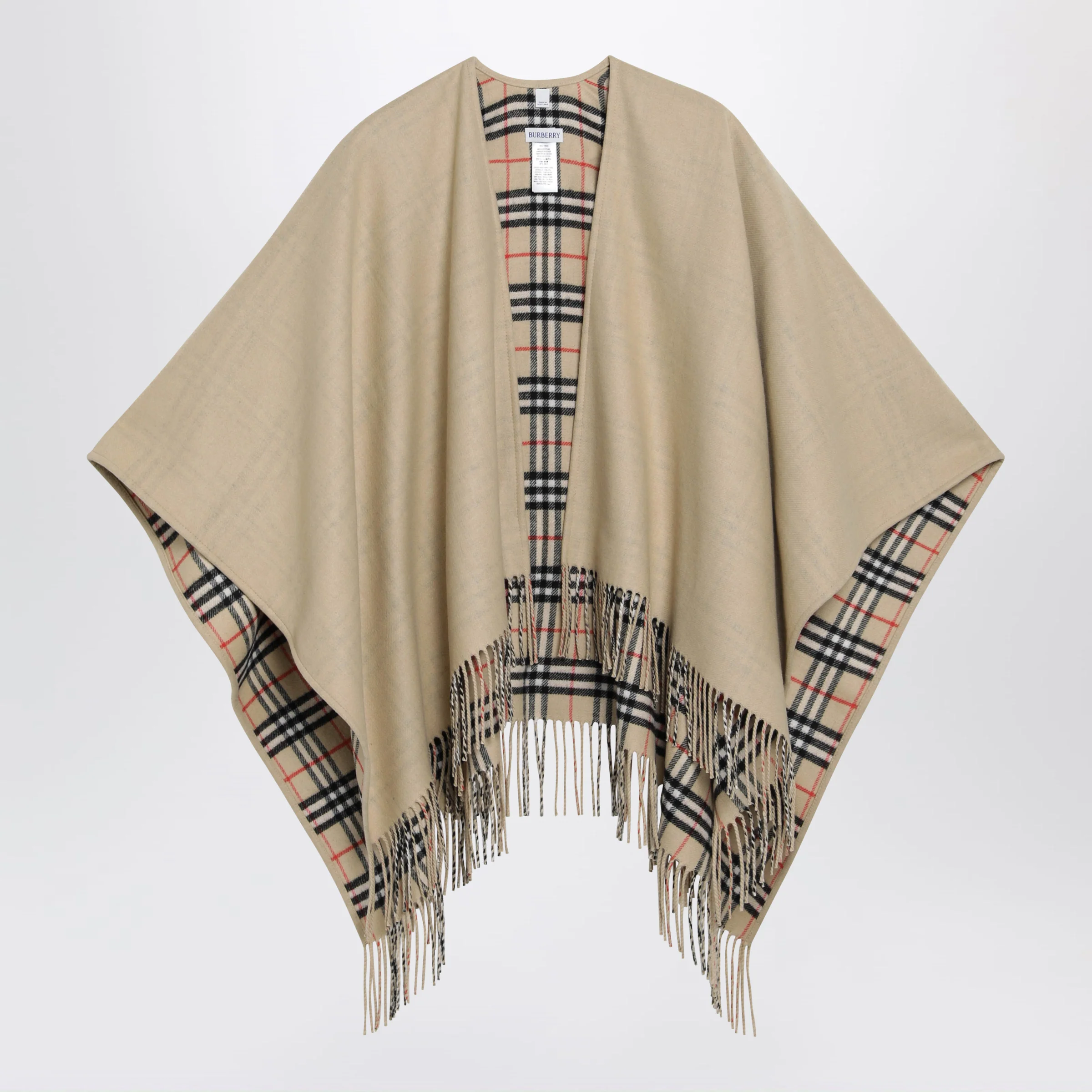 Burberry Reversible wool check cape with fringes in sand beige