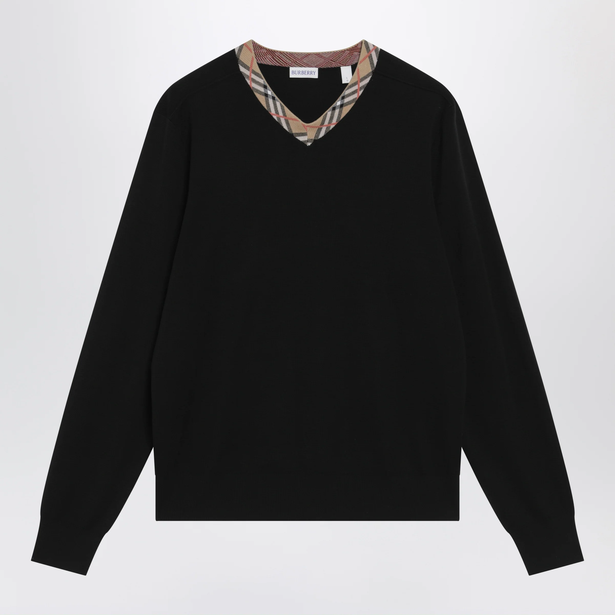Burberry Black wool sweater with Check motif neckline