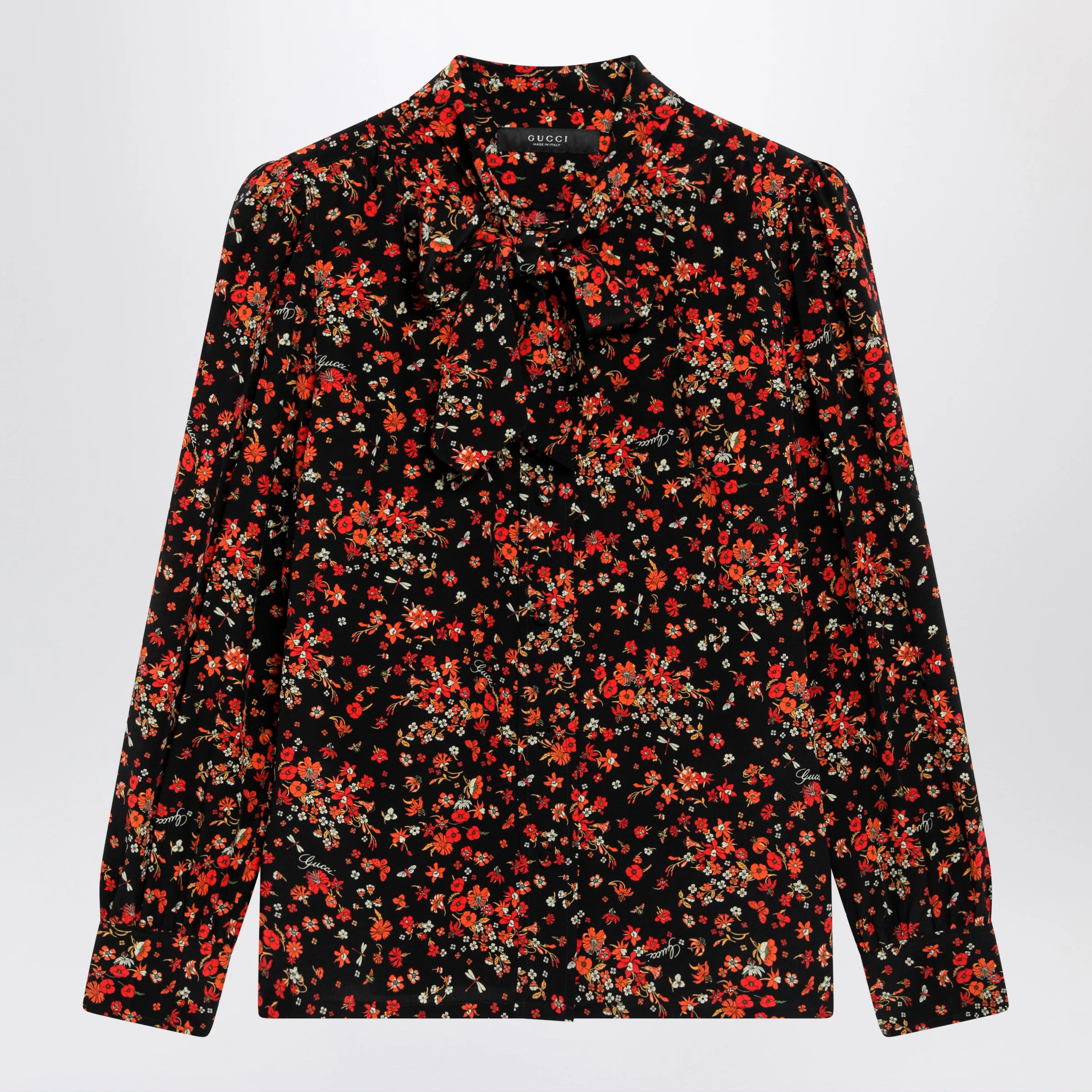 GUCCI Printed silk shirt with bow in black/red