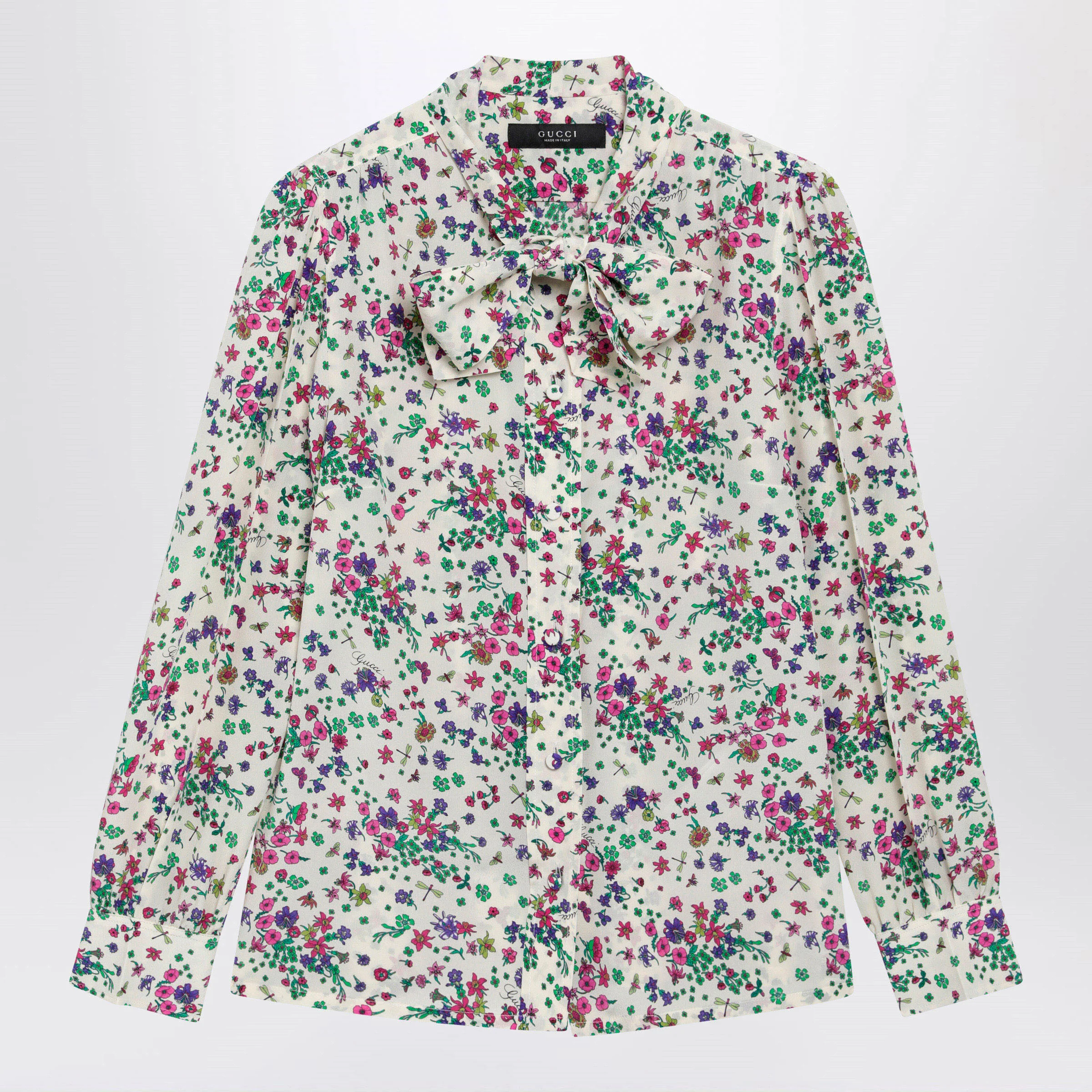 GUCCI Printed silk shirt with bow in ivory/pink