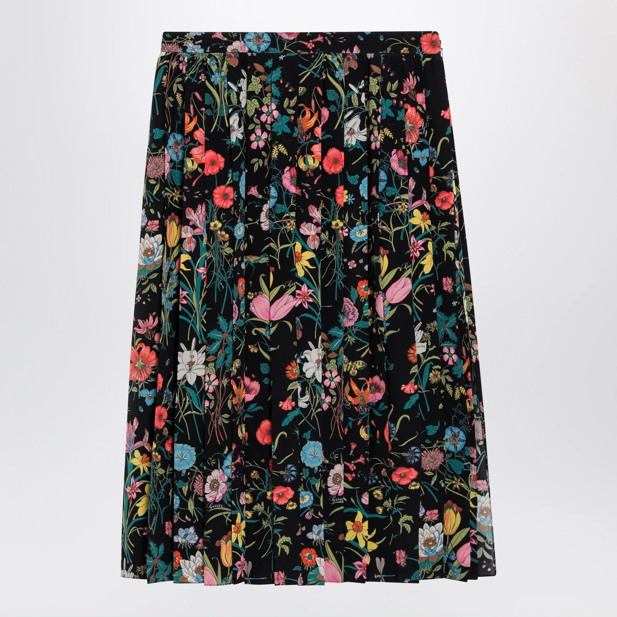GUCCI Pleated midi silk skirt with Flora print in black