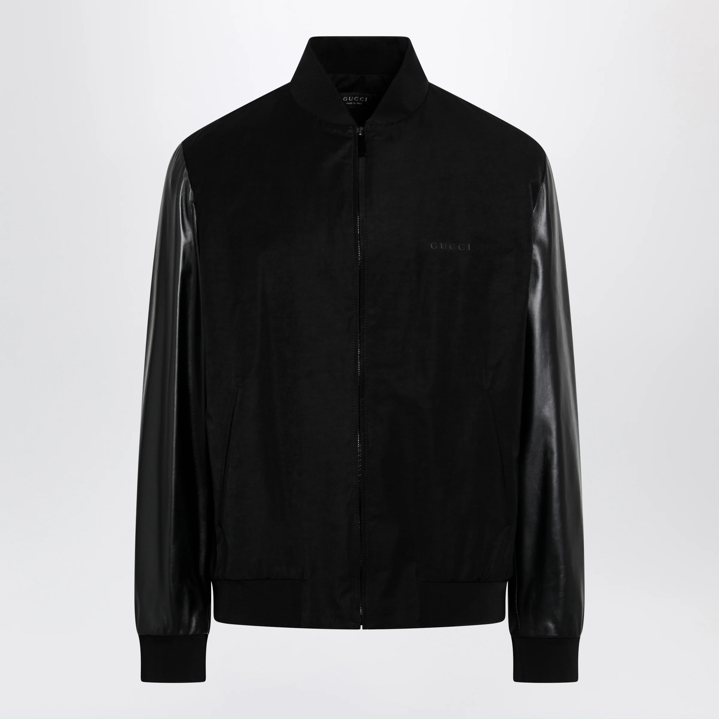GUCCI Fabric bomber with nappa leather sleeves, black