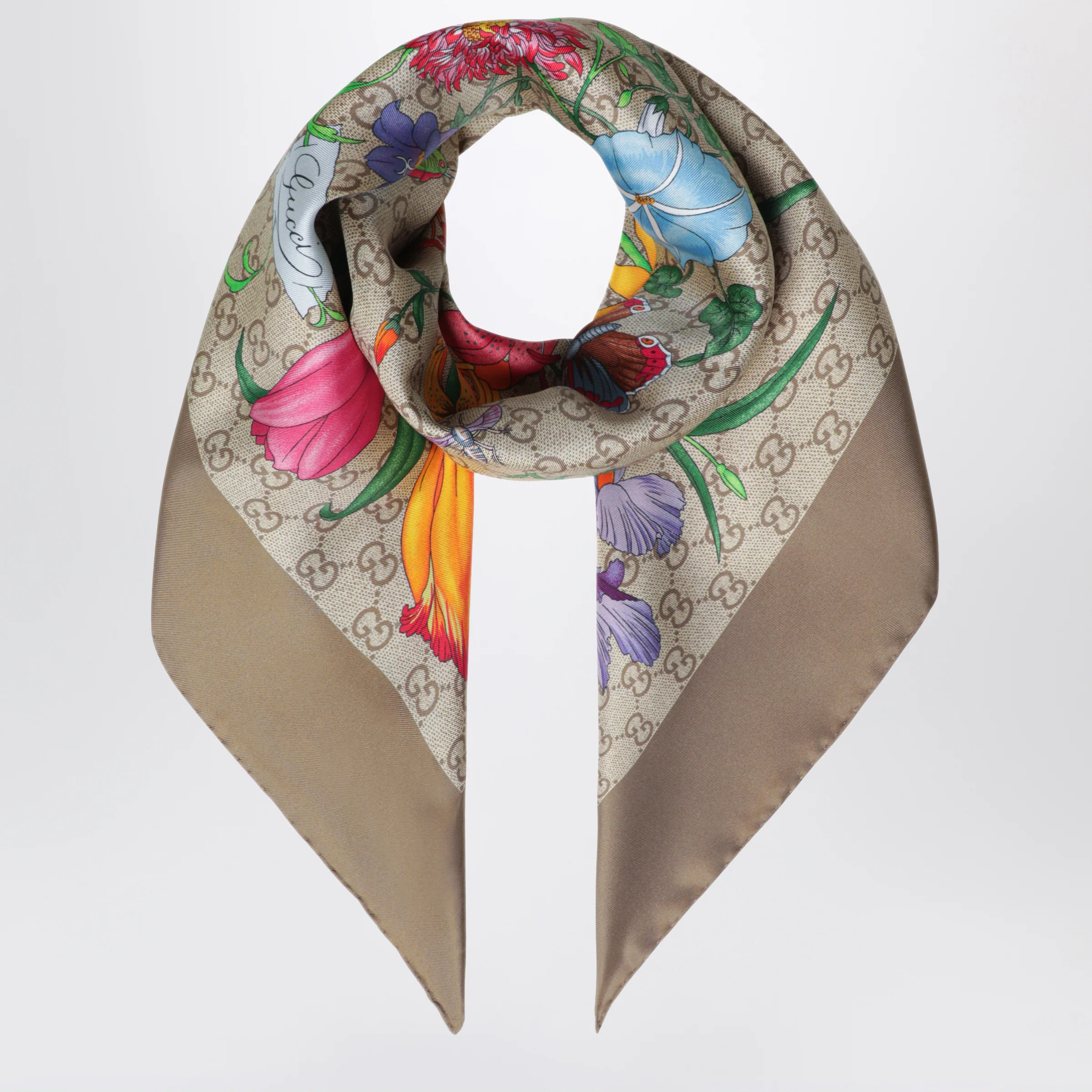 GUCCI Silk twill carré with GG Flora print in light brown