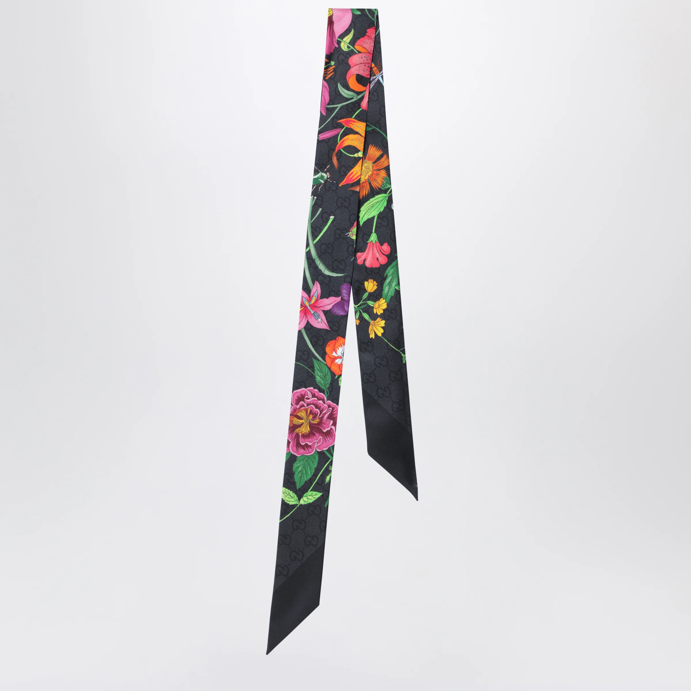 GUCCI Silk ribbon with GG Flora print in black