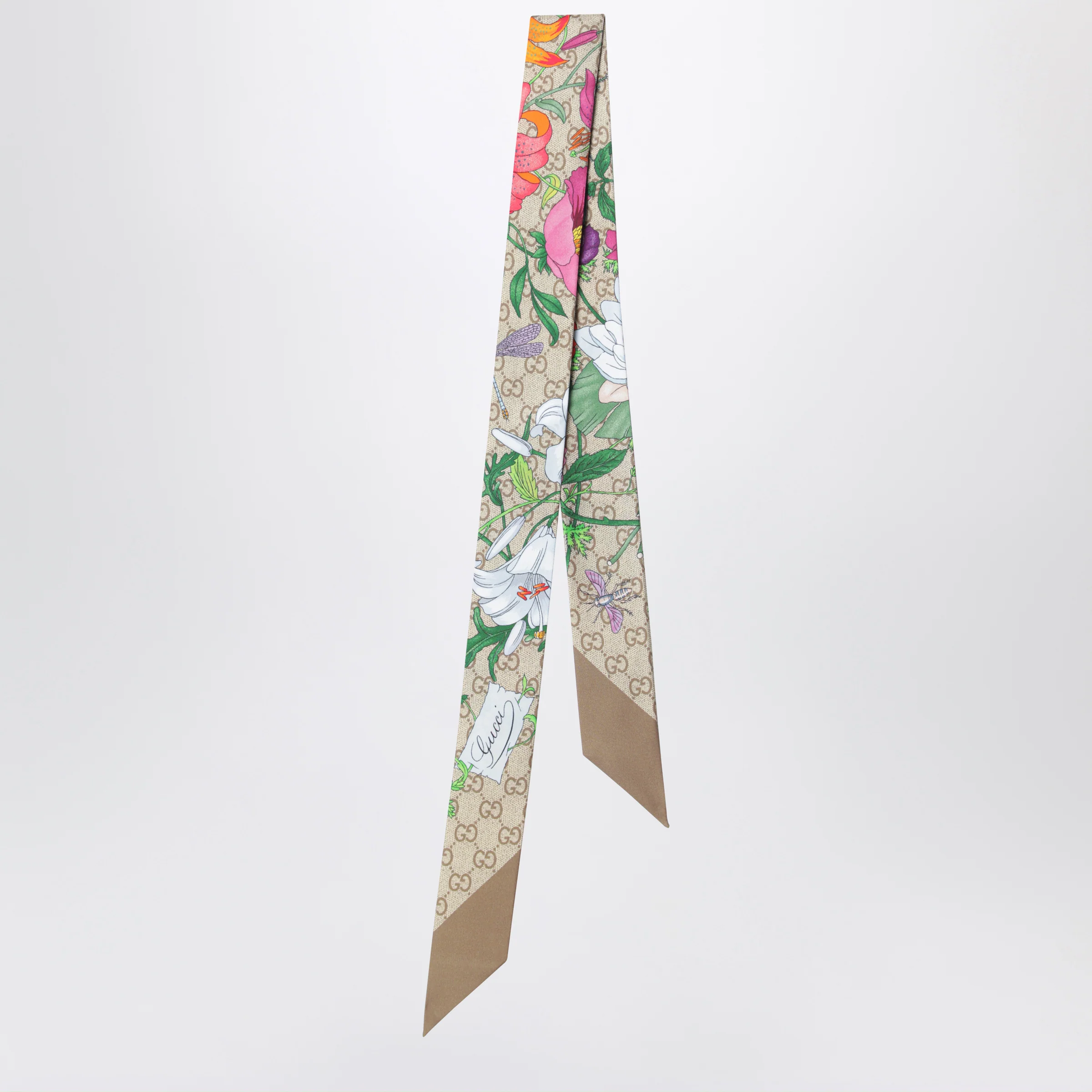 GUCCI Silk ribbon with GG Flora print in light brown