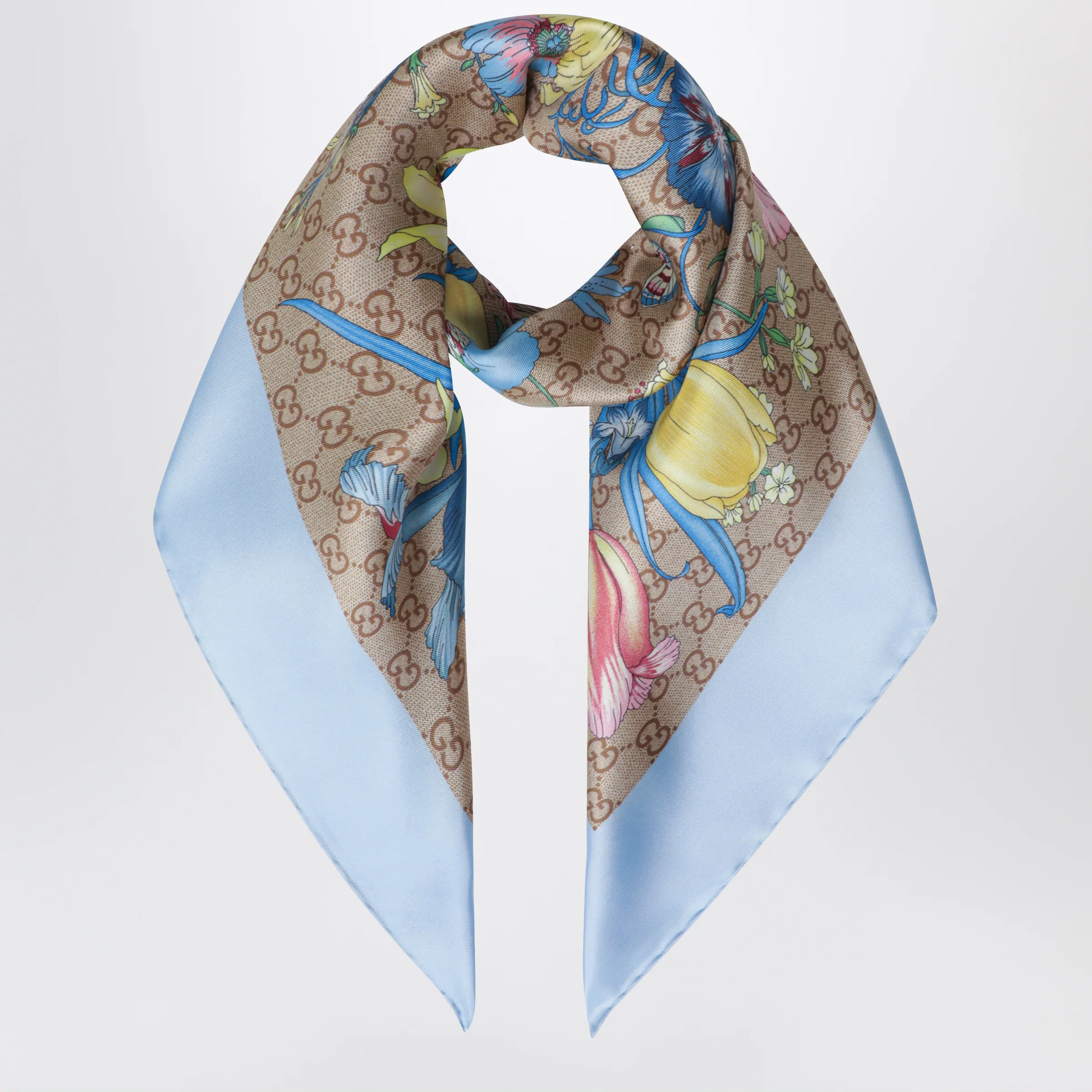 GUCCI Silk twill carré with GG print in sky blue