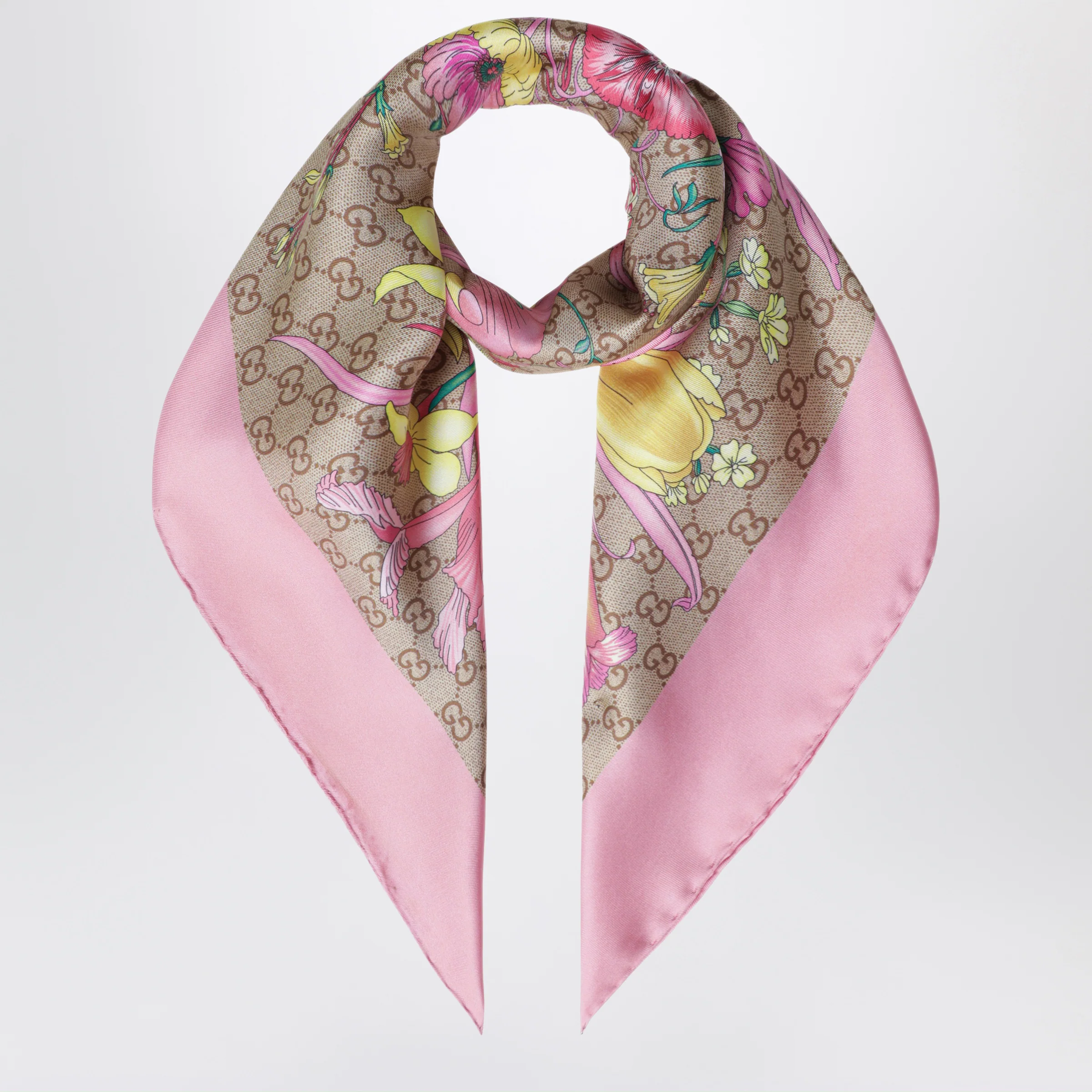 GUCCI Silk twill carré with GG print in pink