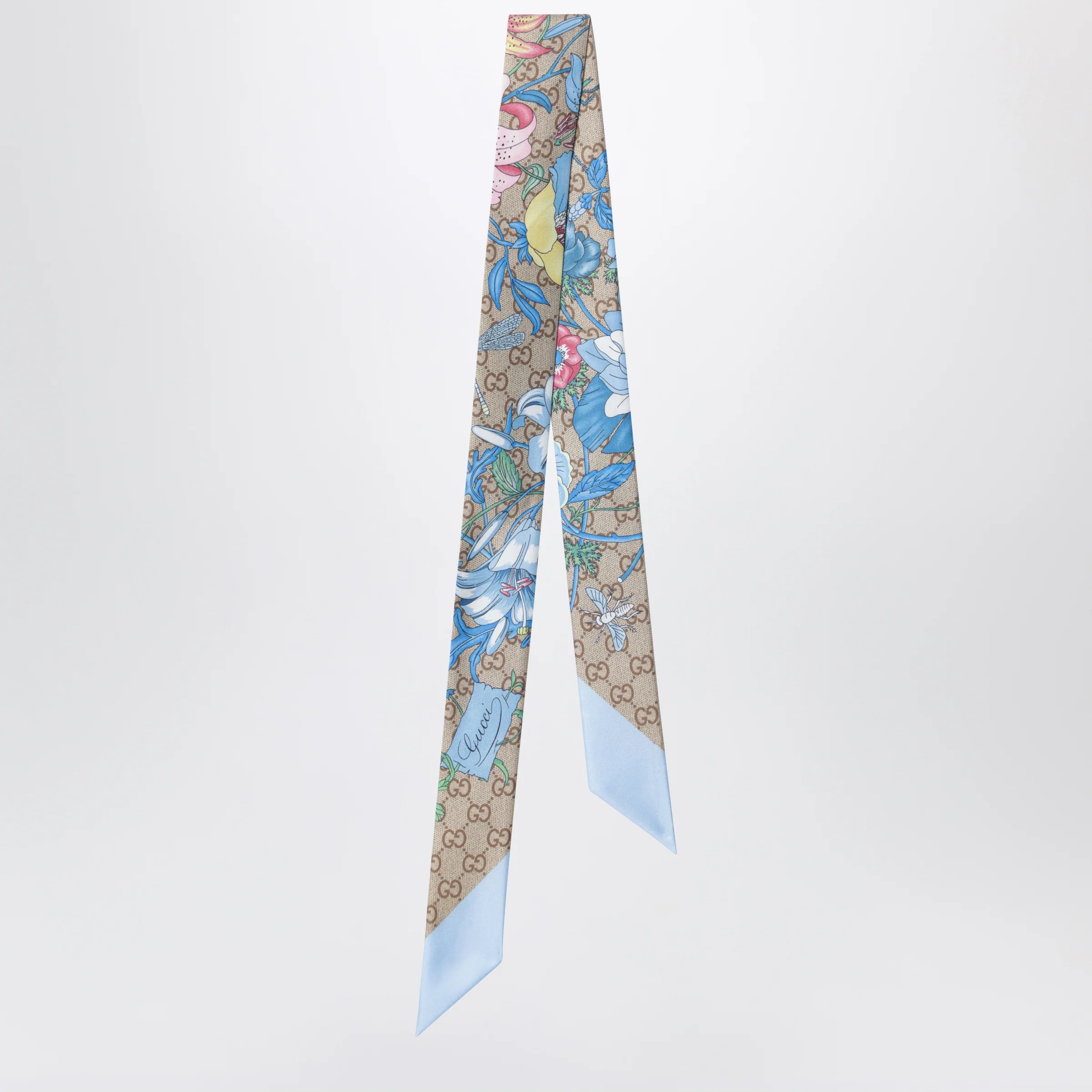 GUCCI Printed silk ribbon with Flora motif in light blue
