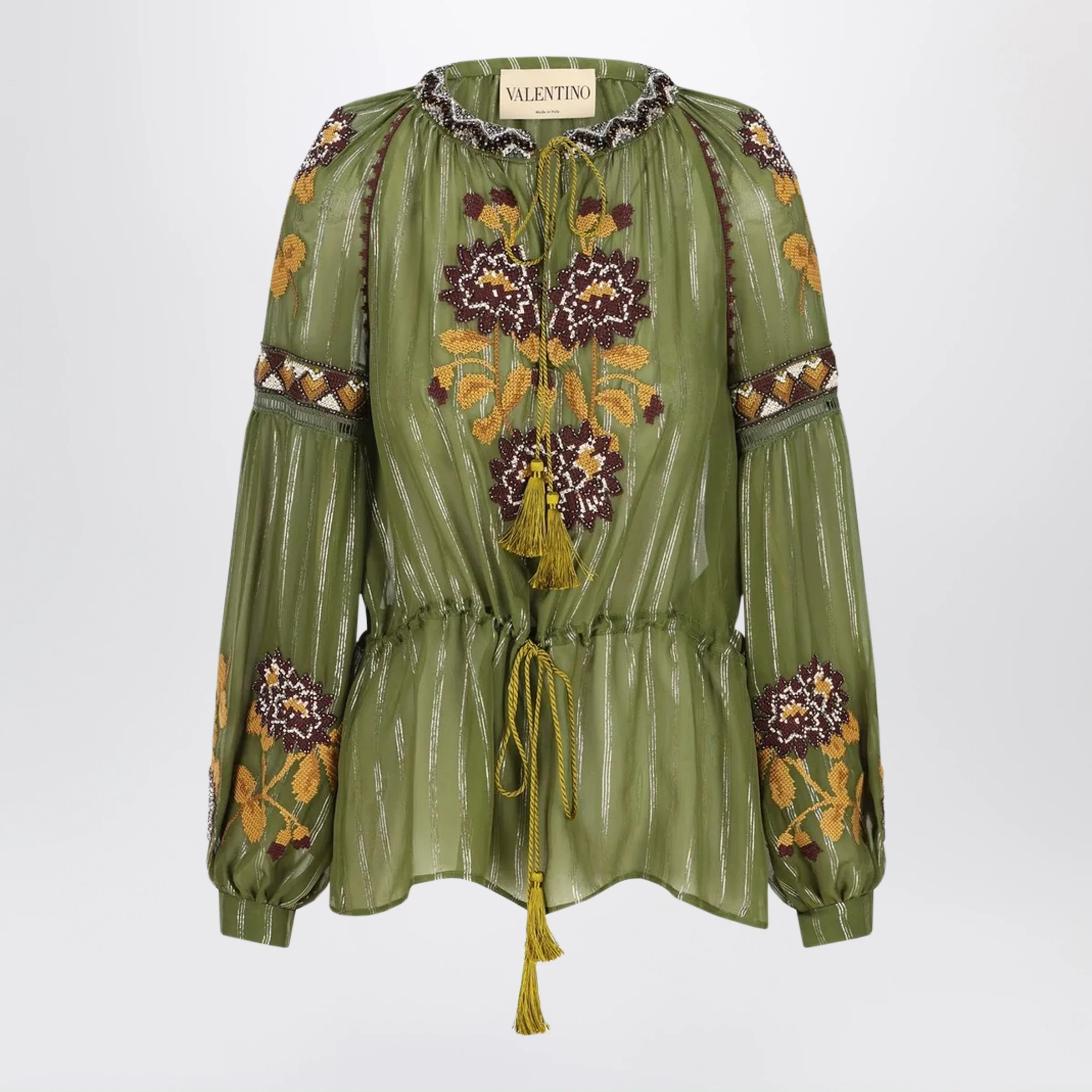 Valentino Embroidered lurex silk shirt green camou
